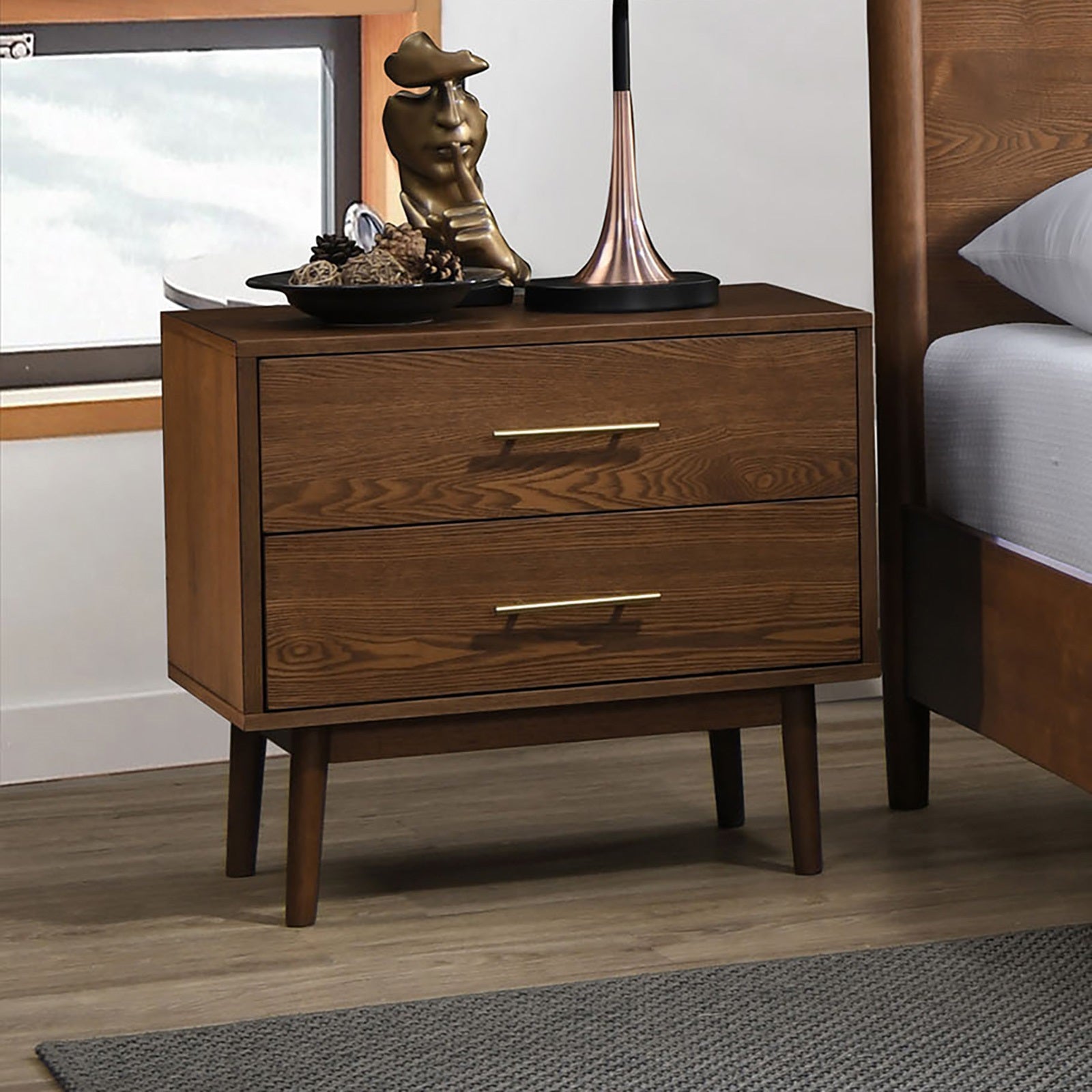Gorgeous Walnut 3pc Bedroom Set King Size Bed 2x Nightstands Beige Upholstered Fabric Winged Edge Panel HB Mid-Century Modern Style