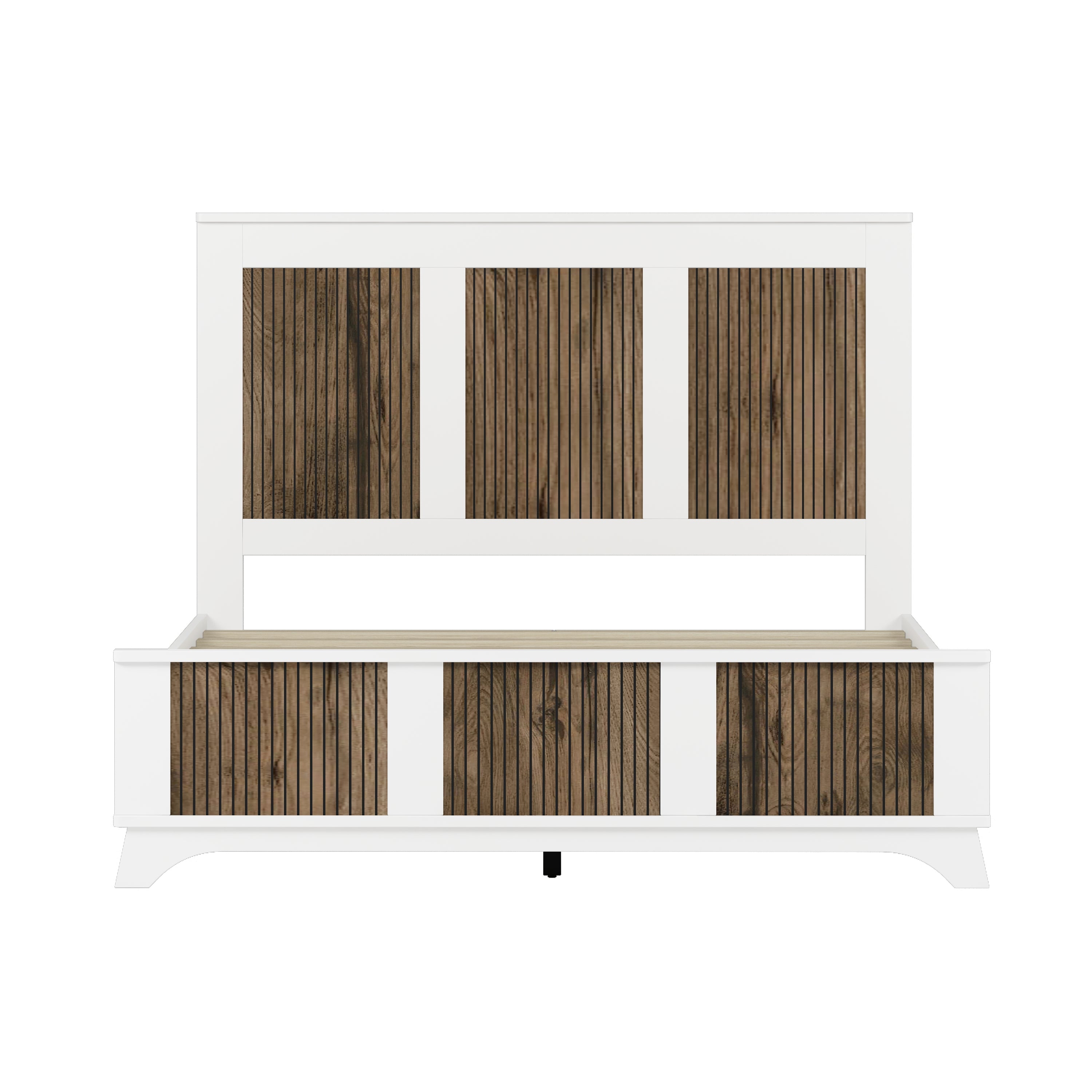 4-Pieces Bedroom Sets, Queen Size Farmhouse Platform Bed with Wooden Strip Stickers Decoration, Storage Nightstand and Dresser with Metal Handle