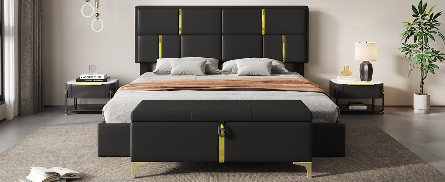 2-Pieces Bedroom Sets,Queen Size Upholstered Platform Bed with Hydraulic Storage System,Storage Ottoman with Metal Legs
