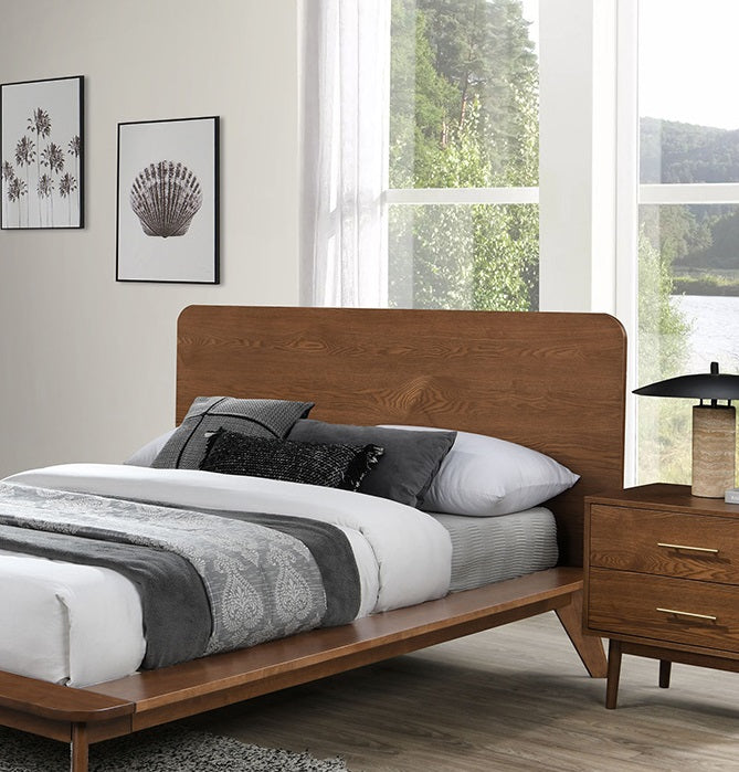 Platform Bed Walnut Color 3pc Bedroom Set King Size Bed 2x Nightstands Wooden Mid-Century Modern Style