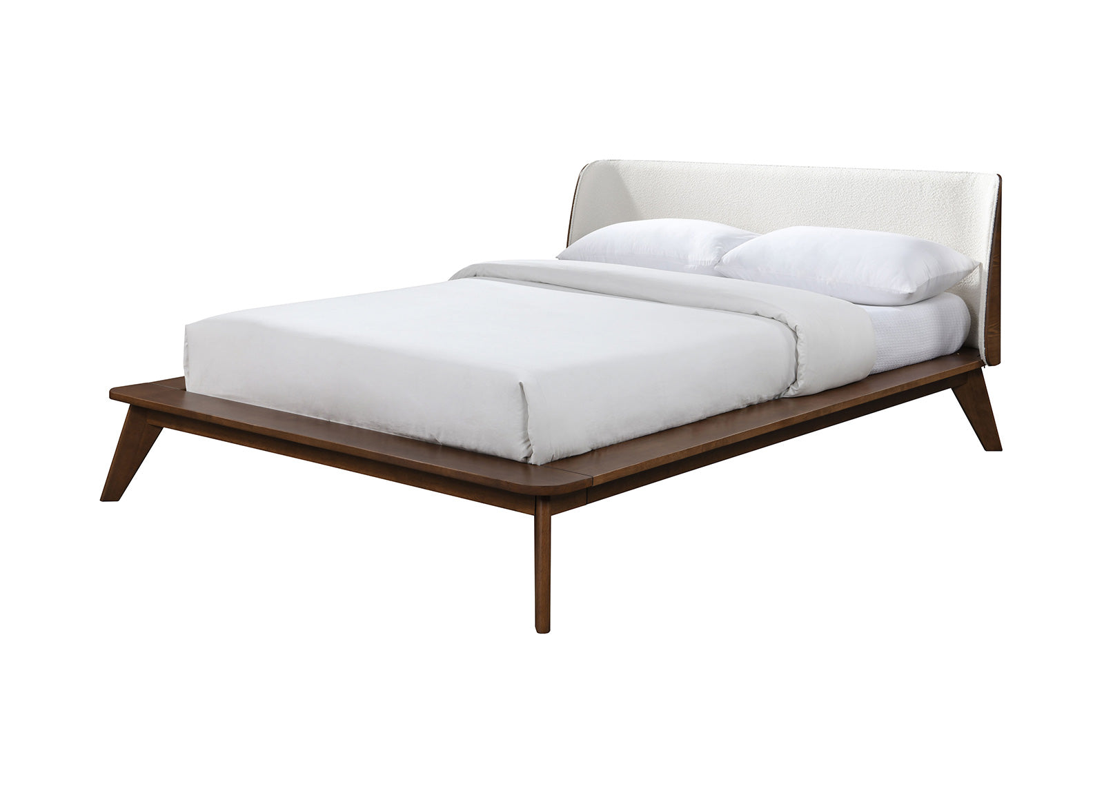Gorgeous Walnut 3pc Bedroom Set King Size Bed 2x Nightstands Beige Upholstered Fabric Winged Edge Panel HB Mid-Century Modern Style