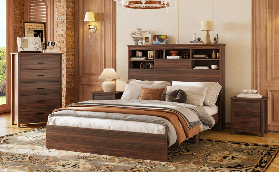 4PCS Bedroom Sets, Wooden Queen Size Bed Frame with Storage Headboard and Charging Station, 2 Nightstands with 2 Drawers, 1 Dresser with 5 Drawers, Walnut(old SKU HL000102AAD)