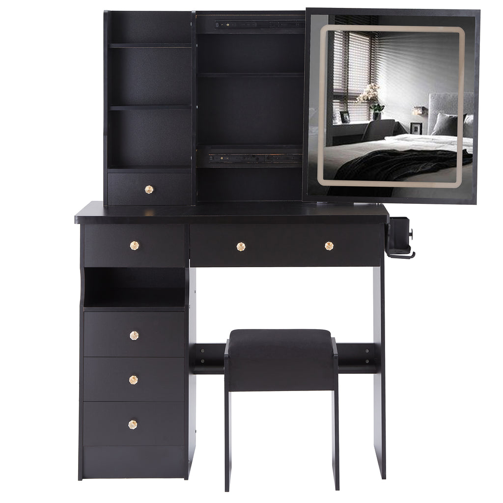 37" Left Drawer Desktop Vanity Table + Cushioned Stool, 2 AC+2 USB Socket, Hair Dryer Stand, Large Touch Control LED Sliding Mirror, 3-color Switch Makeup Dressing Set, EPA, GCC, UL Certificate
