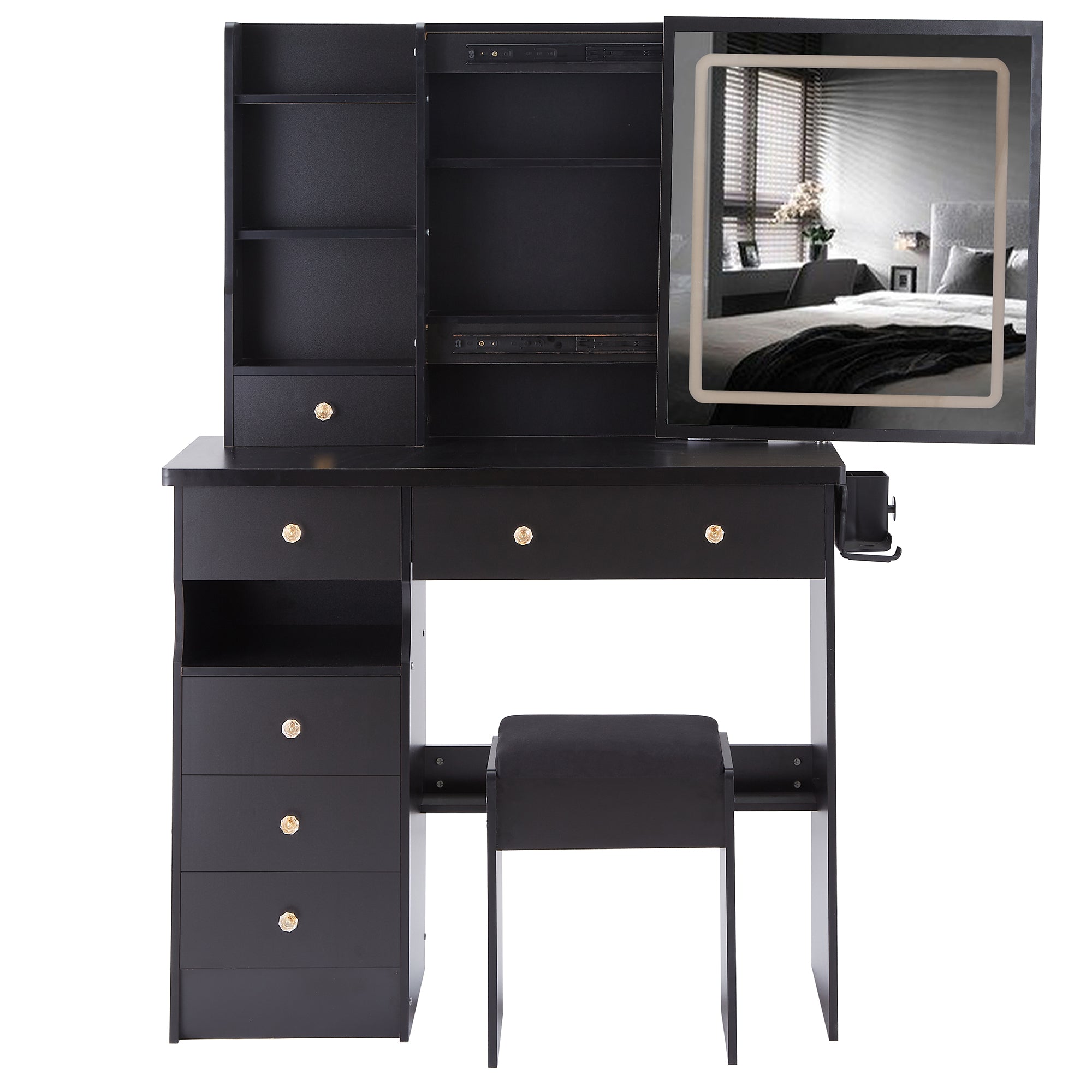37" Left Drawer Desktop Vanity Table + Cushioned Stool, 2 AC+2 USB Socket, Hair Dryer Stand, Large Touch Control LED Sliding Mirror, 3-color Switch Makeup Dressing Set, EPA, GCC, UL Certificate