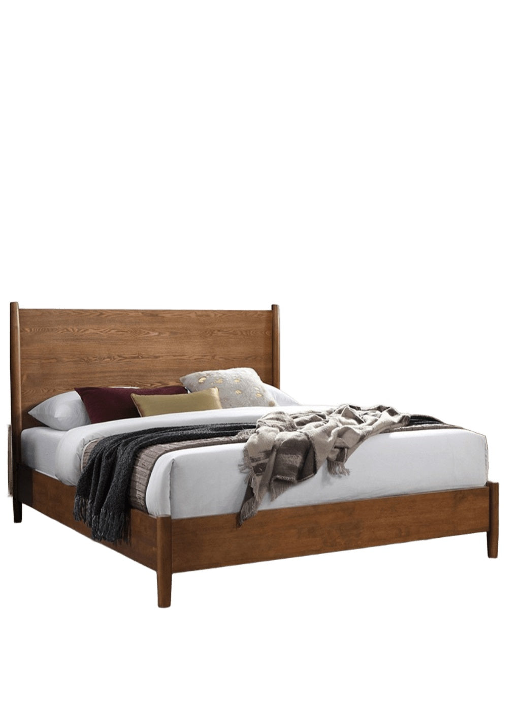 Walnut Color Panel Headboard 3pc Bedroom Set Full Size Bed 2x Nightstands Wooden Mid-Century Modern Style