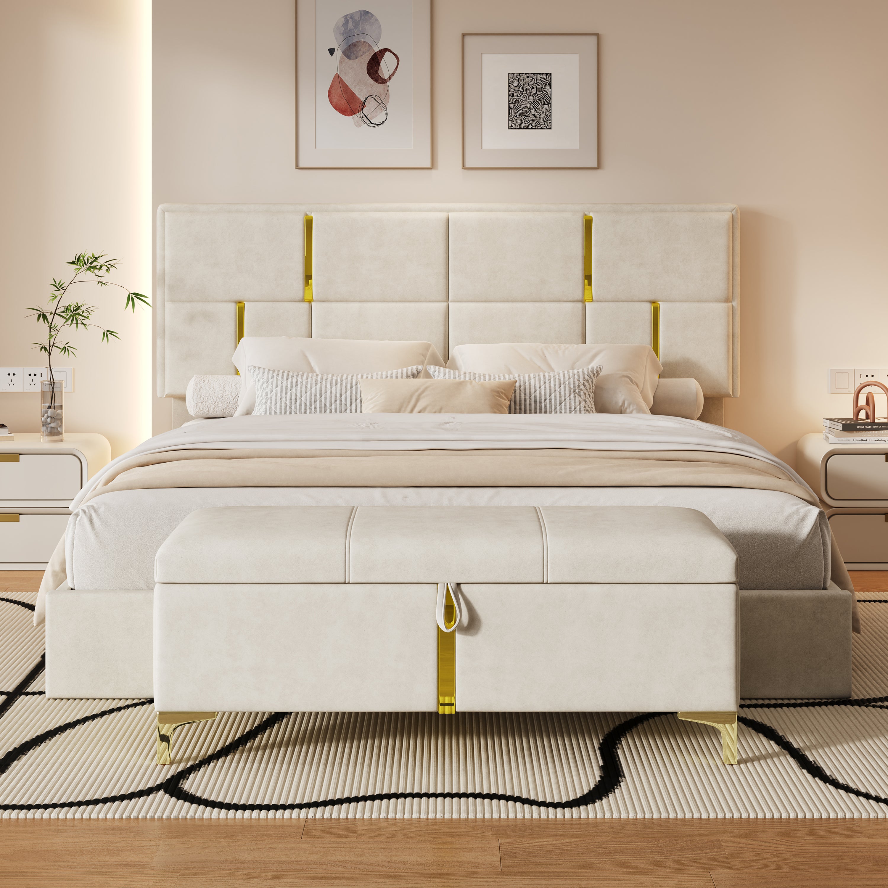 2-Pieces Bedroom Sets,Queen Size Upholstered Platform Bed with Hydraulic Storage System,Storage Ottoman with Metal Legs