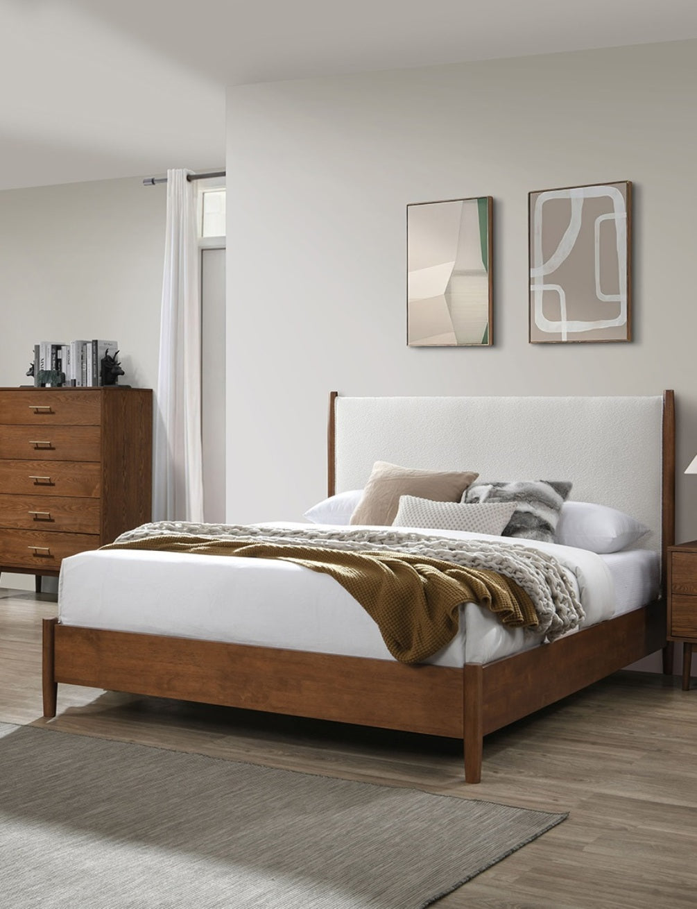 Walnut Color 3pc Bedroom Set Eastern King Size Bed 2x Nightstands Beige Upholstered Fabric Panel HB Mid-Century Modern Style
