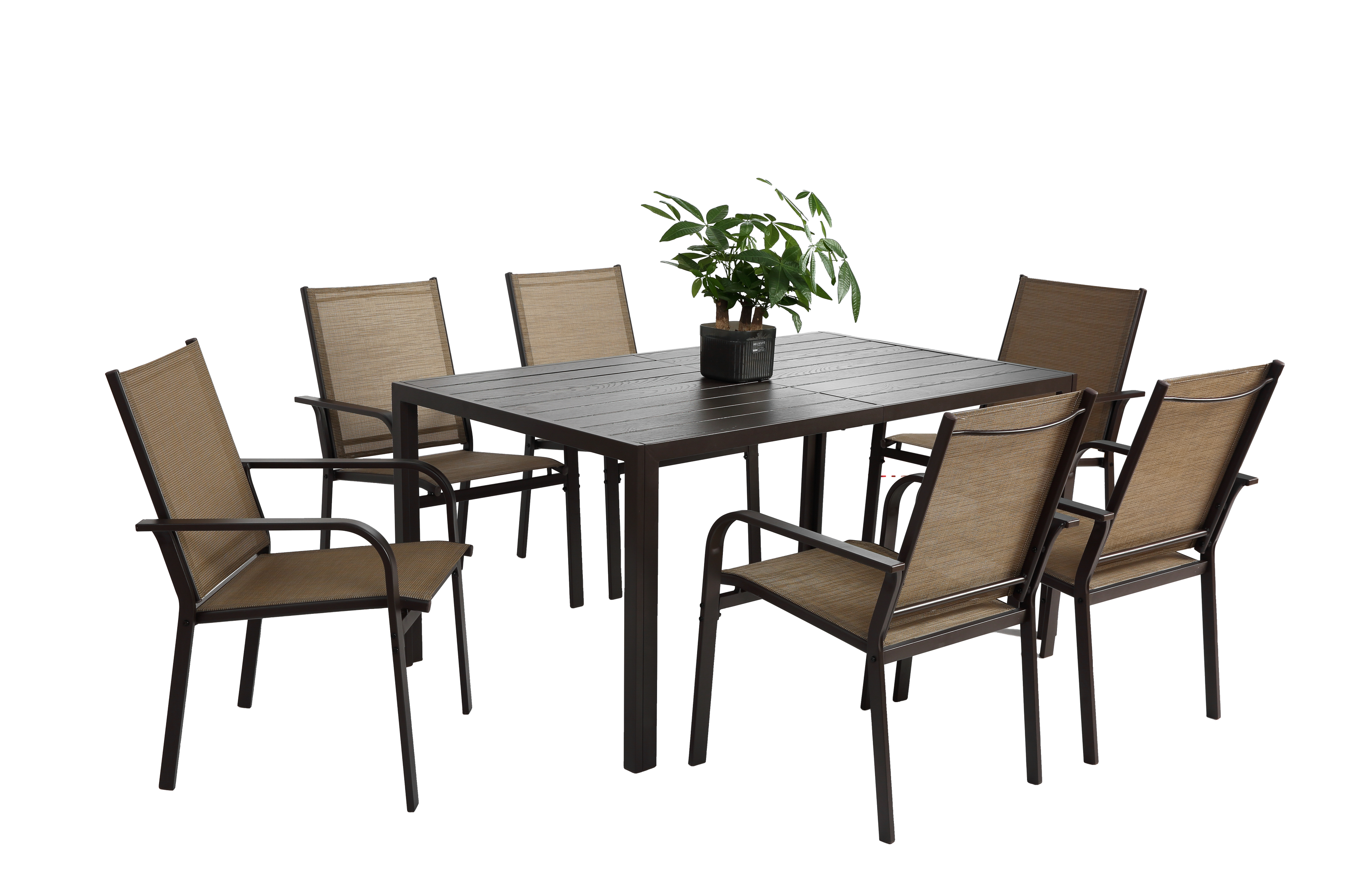 7 Pieces Patio Dining Set, Outdoor Furniture Table and 6 Textilene Chairs, Outdoor Furniture with Rectangular Table and 6 Stackable Chairs Family Conversation Set for Garden Backyard Deck-Brown
