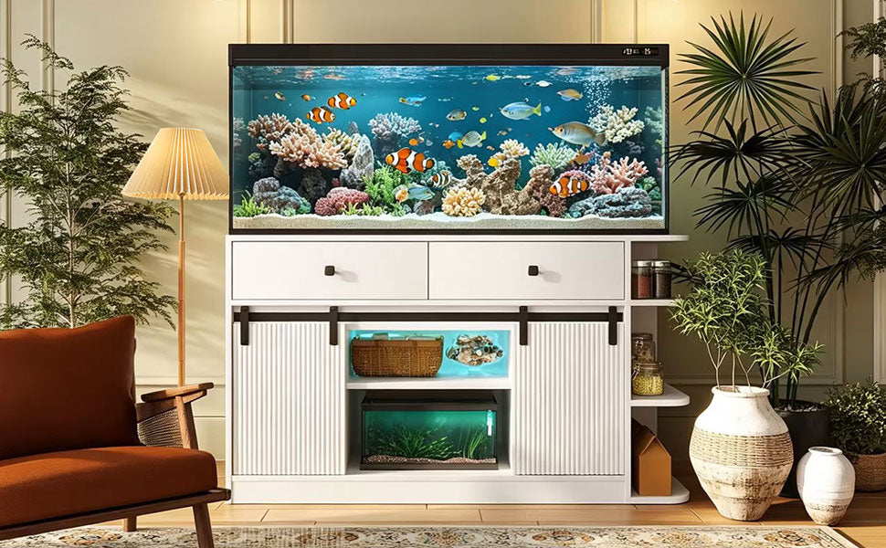 75 Gallon Fish Tank Stand with LED Light &Power Outlets, 55-75 Gallon Aquarium Stand with Sliding Fluted Doors, 2 Large Cabinet and Storage Shelves, Cabinet for 2 Fish Tank Accessories Storage,1200 LB