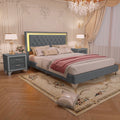 3-Pieces Bedroom Sets,Queen Size Upholstered Platform Bed with LED Lights and Two Nightstands-Gray