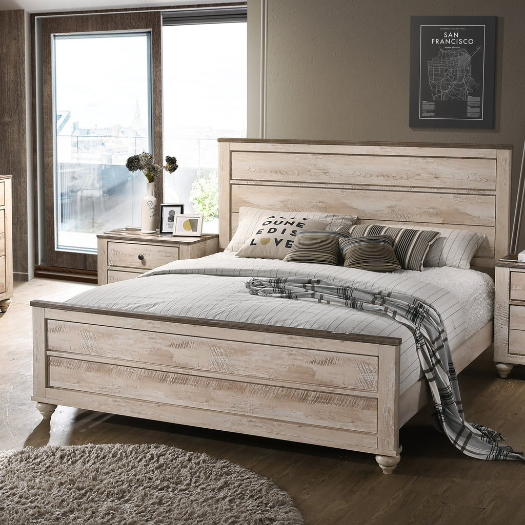 Qraawla Contemporary White Wash Finish 5-Piece Bedroom Set-King Bed, Dresser, Mirror, 2 Nightstands