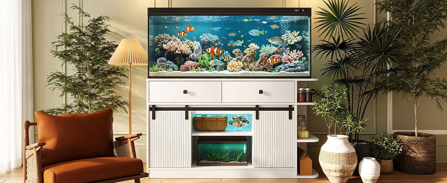75 Gallon Fish Tank Stand with LED Light &Power Outlets, 55-75 Gallon Aquarium Stand with Sliding Fluted Doors, 2 Large Cabinet and Storage Shelves, Cabinet for 2 Fish Tank Accessories Storage,1200 LB