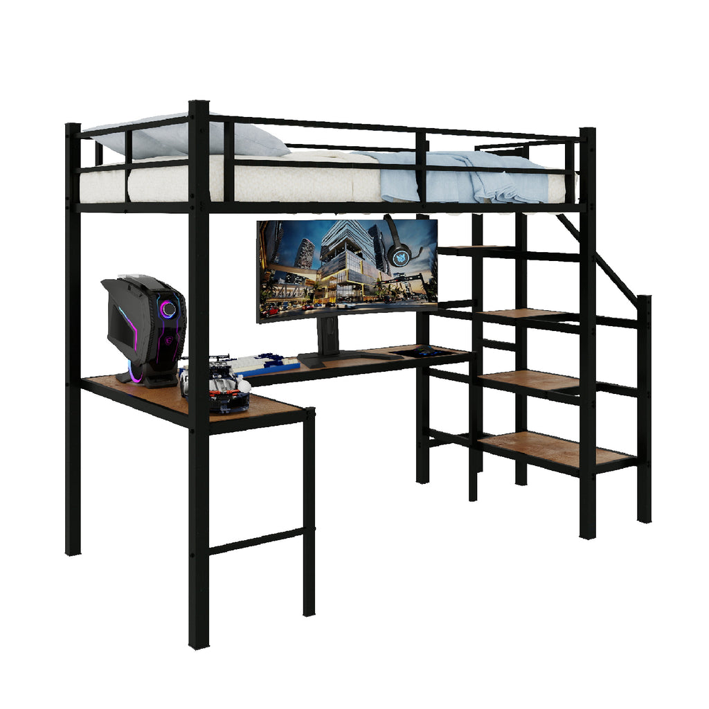 Loft bed with L-shaped desk, large storage space and storage compartments, sturdy bed frame with stairs, continuous belt railing, space-saving, noiseless, no elephant springs required