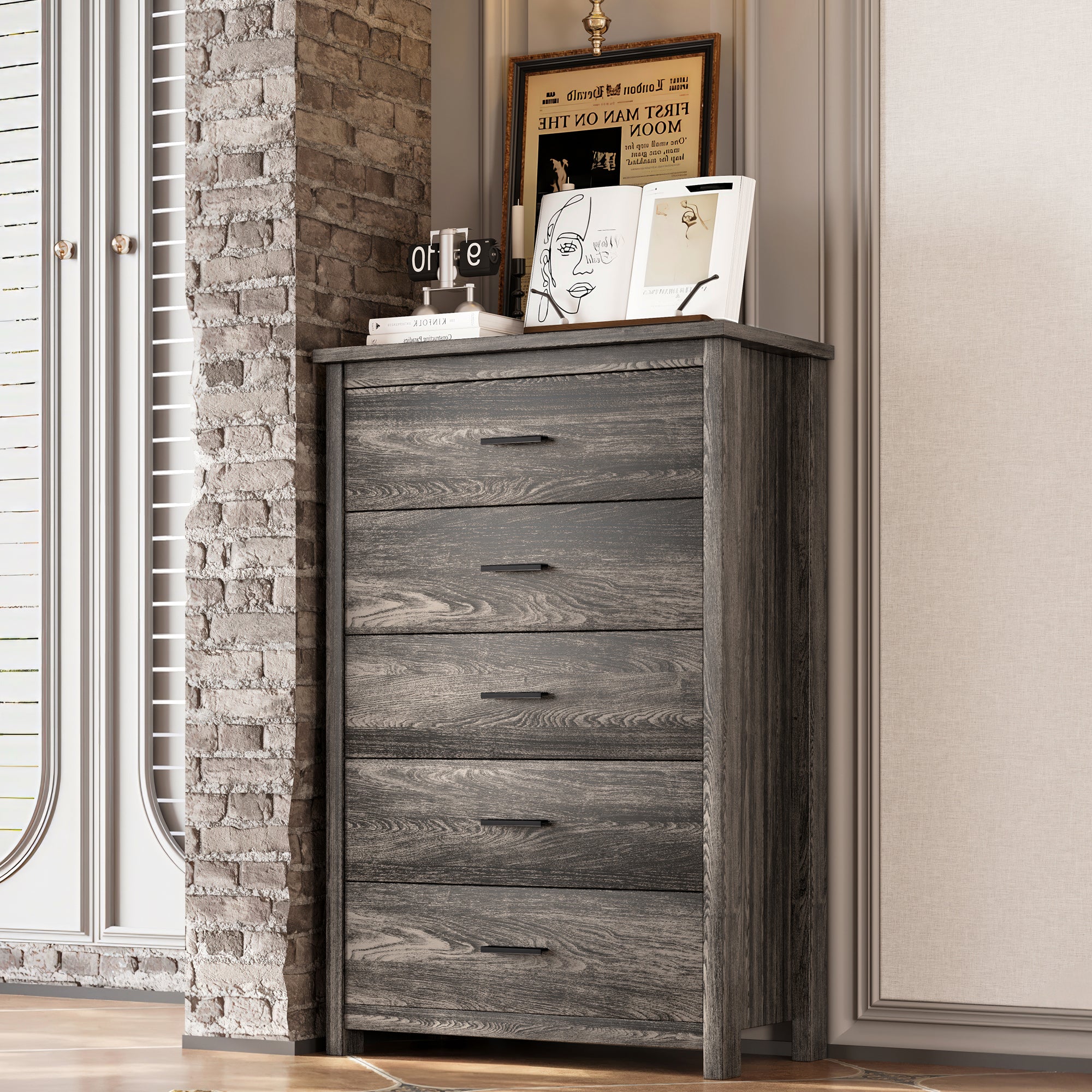 4PCS Bedroom Sets, Wooden Queen Size Bed Frame with Storage Headboard and Charging Station, 2 Nightstands with 2 Drawers, 1 Dresser with 5 Drawers, Antique Gray