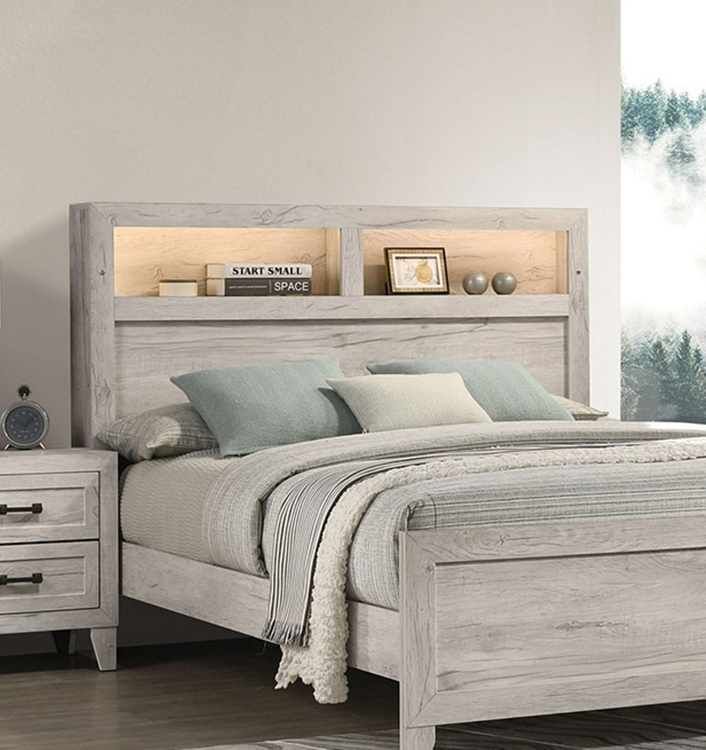 3pc Bedroom Furniture White wash Finish Queen Size Bed w Shelf Light 2x Nightstands Melamine Top Black Bar Pull