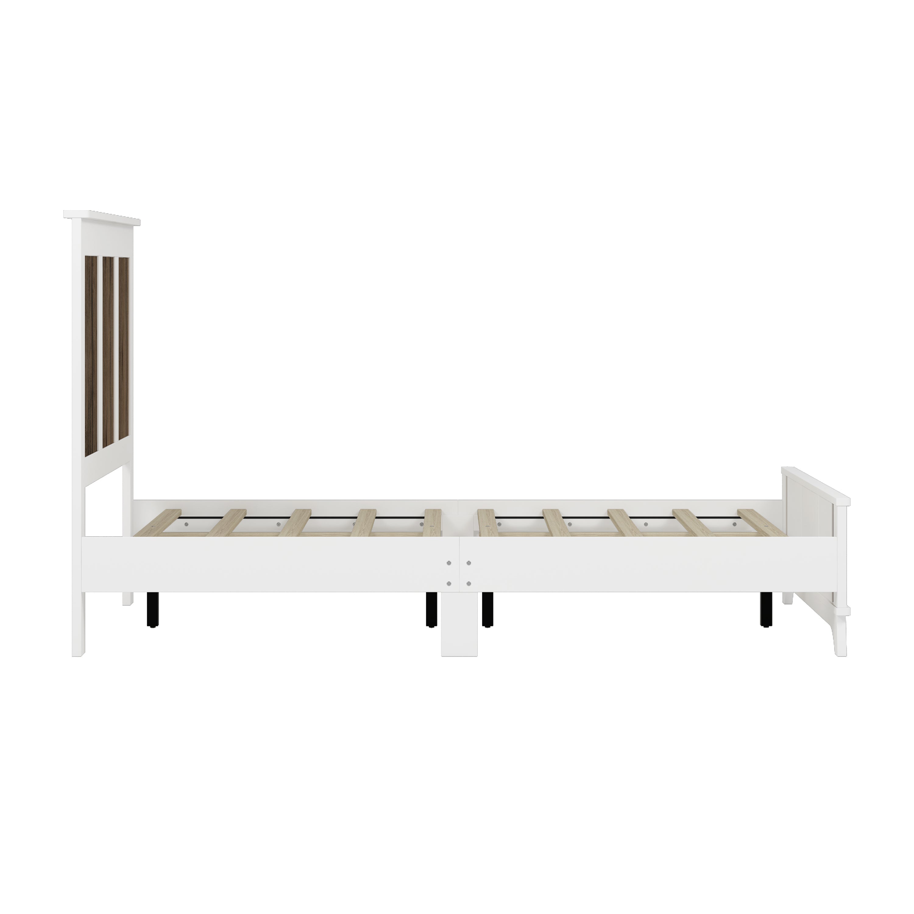 4-Pieces Bedroom Sets, Queen Size Farmhouse Platform Bed with Wooden Strip Stickers Decoration, Storage Nightstand and Dresser with Metal Handle