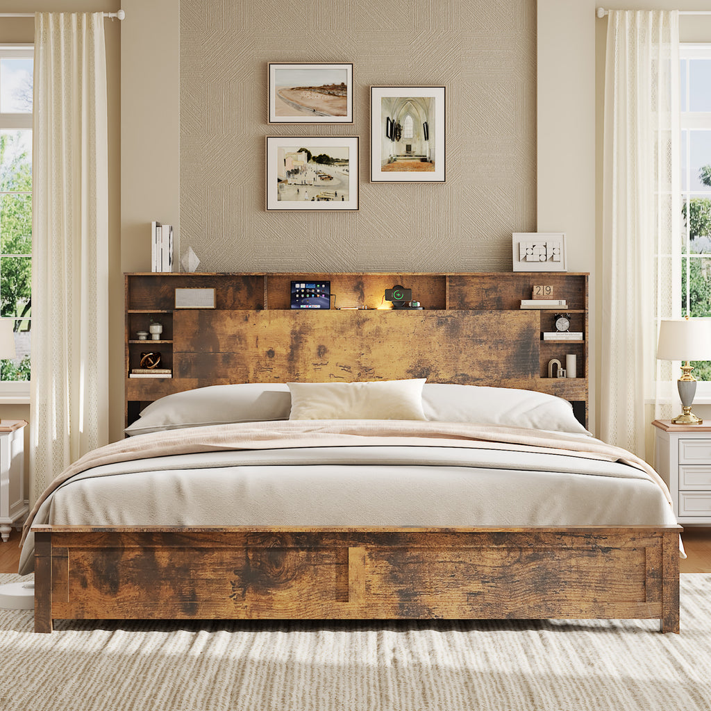 King Size Bed Frame with Storage Headboard, Wood Platform Bed Frame with Charging Station, LED Lights & Bookcase, No Box Spring Needed, Dark Brown
