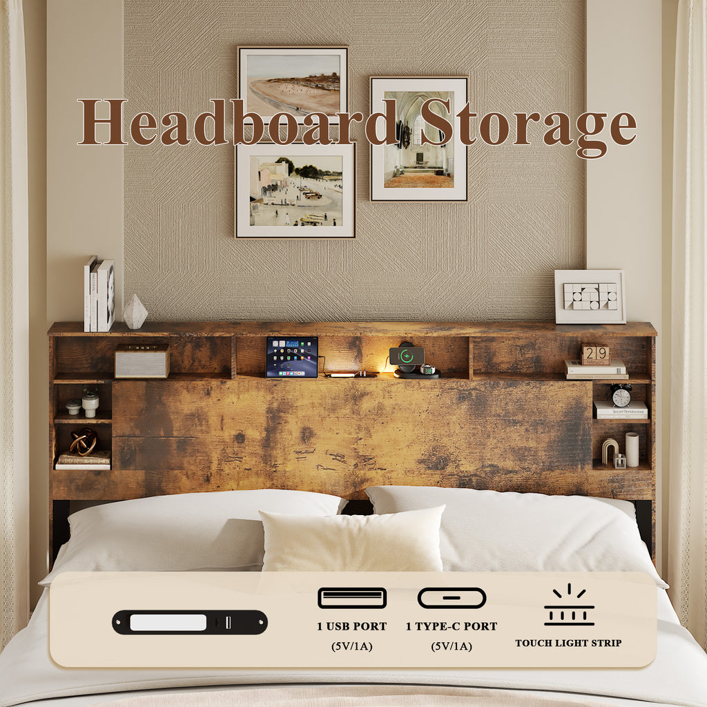 King Size Bed Frame with Storage Headboard, Wood Platform Bed Frame with Charging Station, LED Lights & Bookcase, No Box Spring Needed, Dark Brown