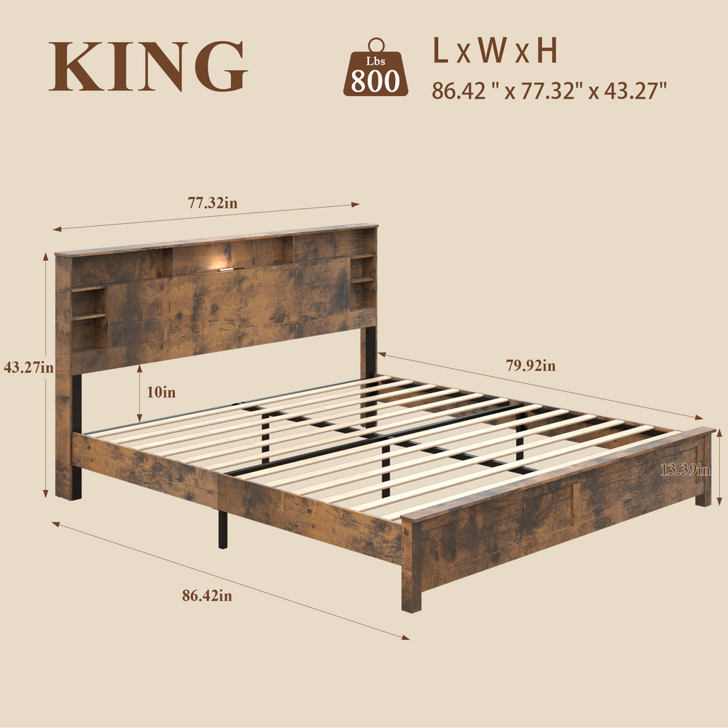 King Size Bed Frame with Storage Headboard, Wood Platform Bed Frame with Charging Station, LED Lights & Bookcase, No Box Spring Needed, Dark Brown