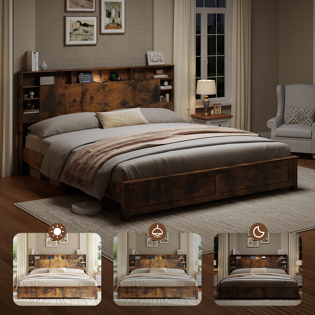 King Size Bed Frame with Storage Headboard, Wood Platform Bed Frame with Charging Station, LED Lights & Bookcase, No Box Spring Needed, Dark Brown