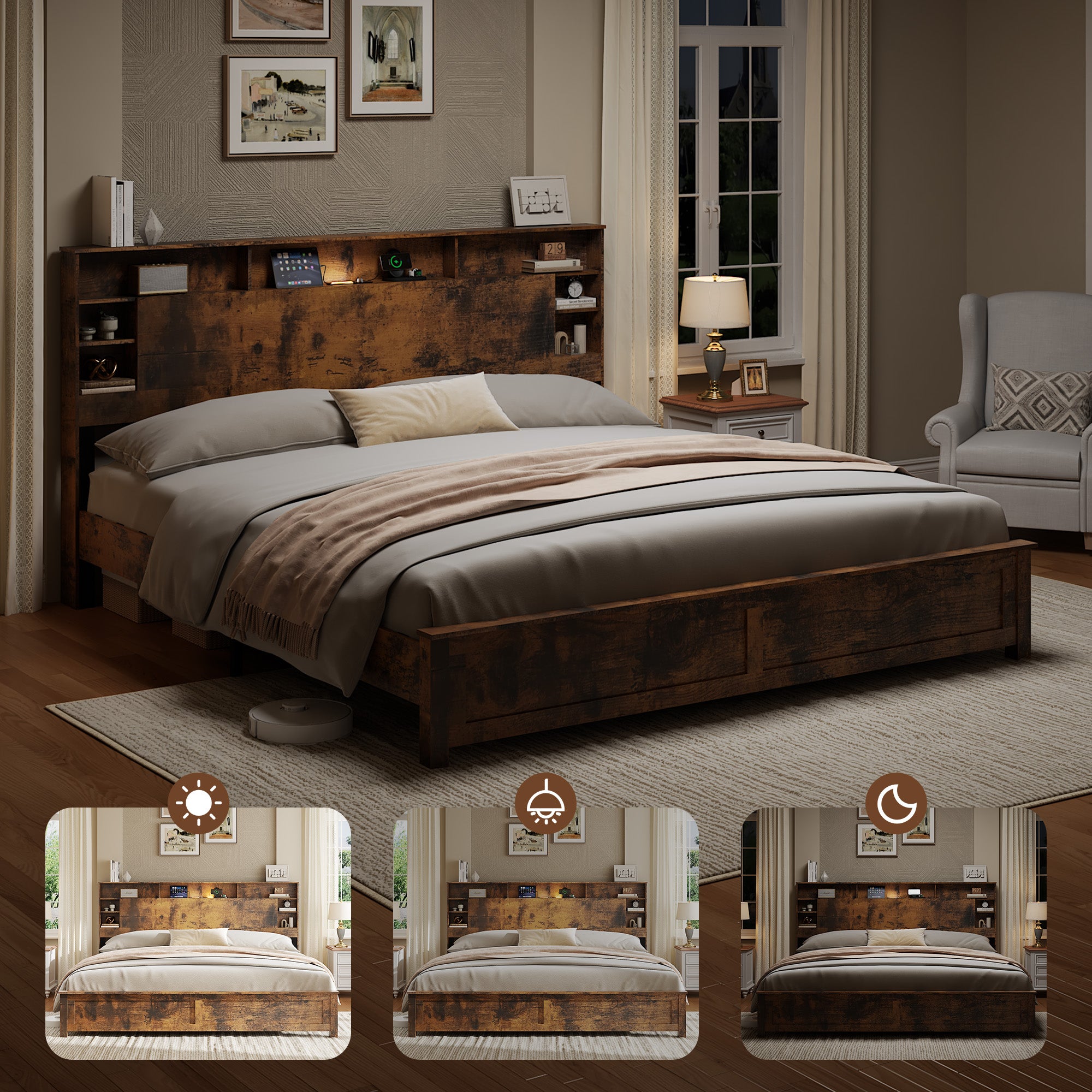 King Size Bed Frame with Storage Headboard, Wood Platform Bed Frame with Charging Station, LED Lights & Bookcase, No Box Spring Needed, Dark Brown