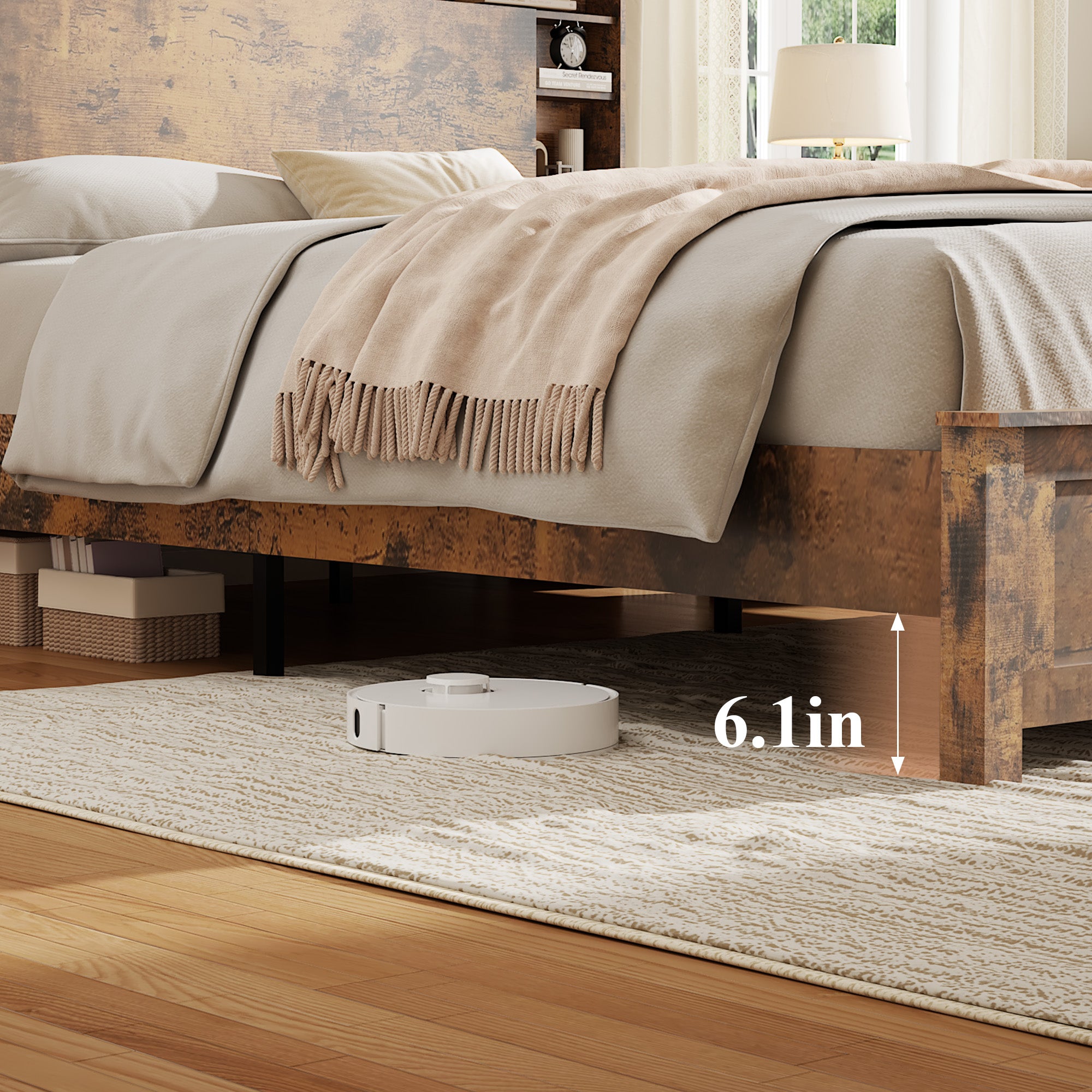 King Size Bed Frame with Storage Headboard, Wood Platform Bed Frame with Charging Station, LED Lights & Bookcase, No Box Spring Needed, Dark Brown