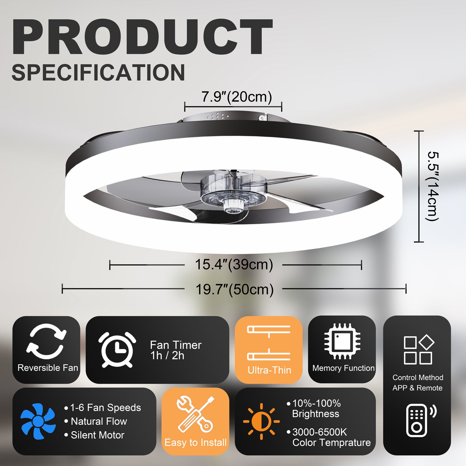 19.7'' LED Ceiling Fan Light with Remote & App Control, 6 Speeds, Dimmable, 3000K-6500K, Flush Mount BLACK Fandelier for Bedroom