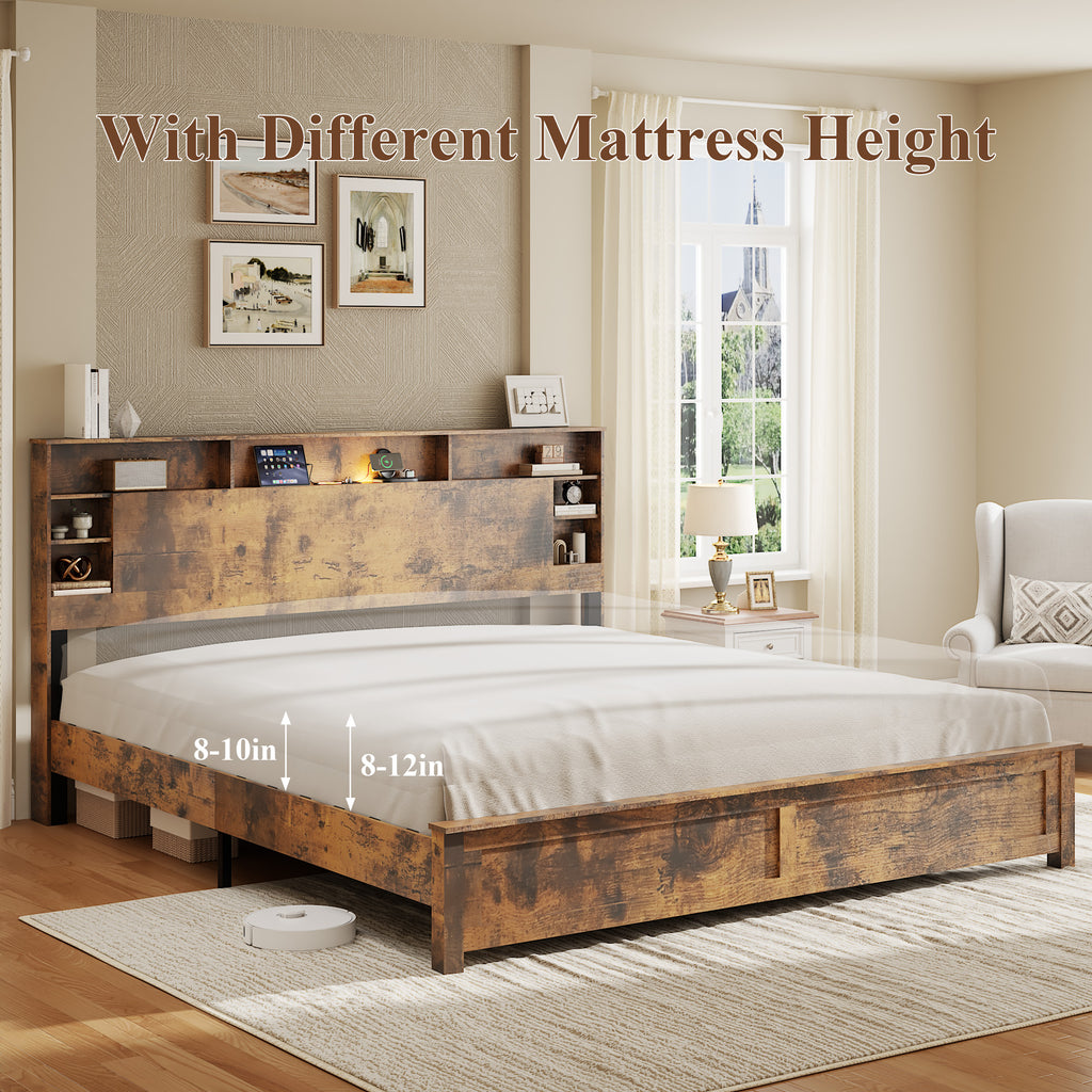 King Size Bed Frame with Storage Headboard, Wood Platform Bed Frame with Charging Station, LED Lights & Bookcase, No Box Spring Needed, Dark Brown