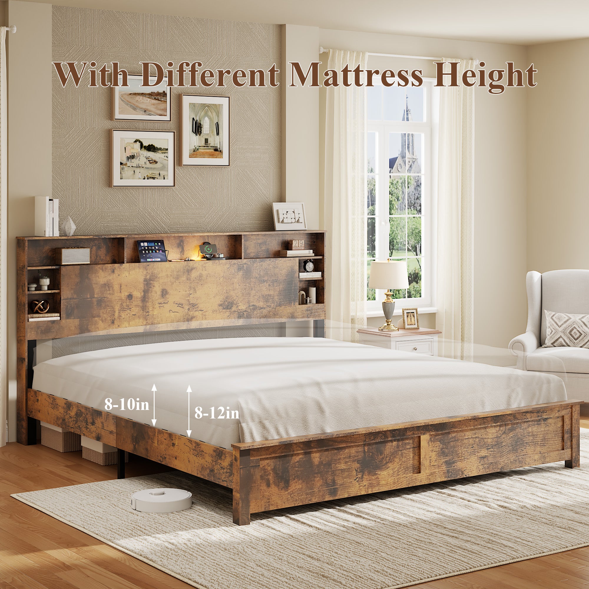 King Size Bed Frame with Storage Headboard, Wood Platform Bed Frame with Charging Station, LED Lights & Bookcase, No Box Spring Needed, Dark Brown