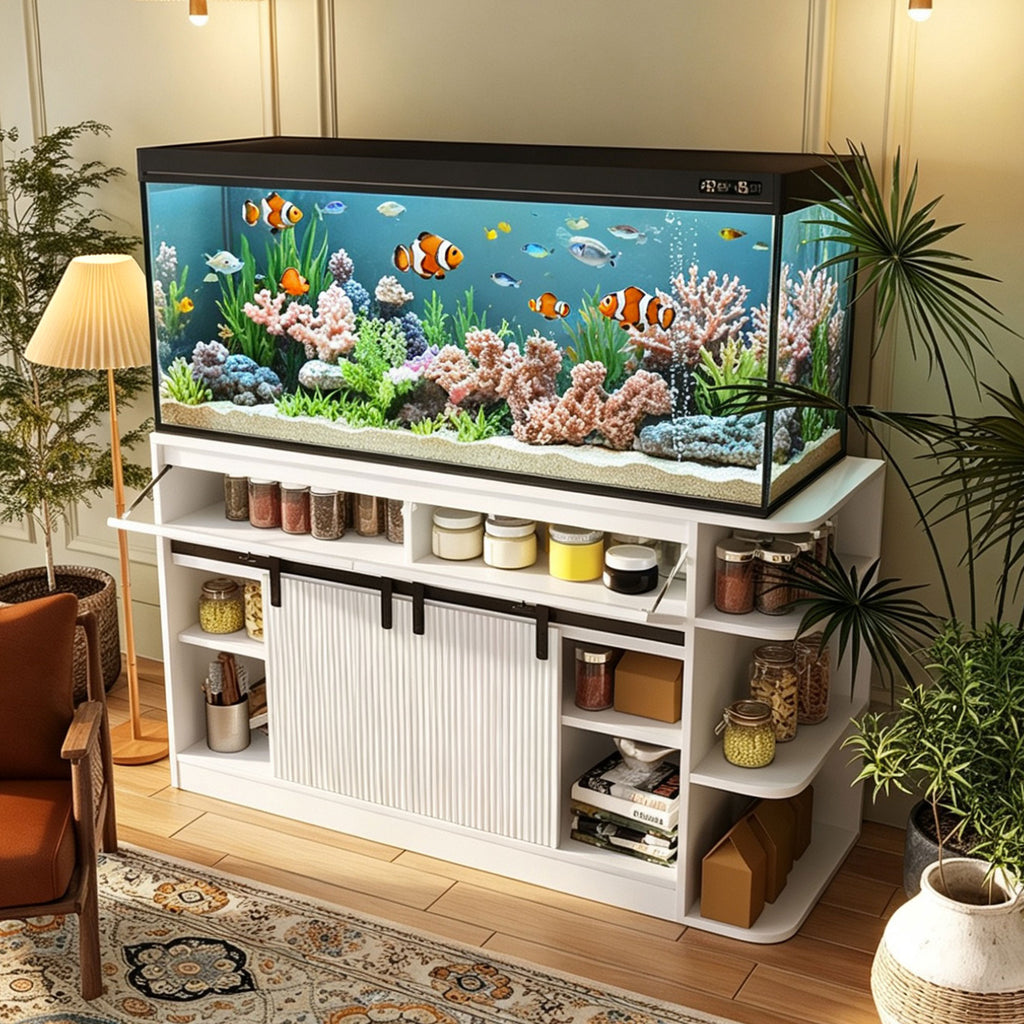 75 Gallon Fish Tank Stand with LED Light &Power Outlets, 55-75 Gallon Aquarium Stand with Sliding Fluted Doors, 2 Large Cabinet and Storage Shelves, Cabinet for 2 Fish Tank Accessories Storage,1200 LB