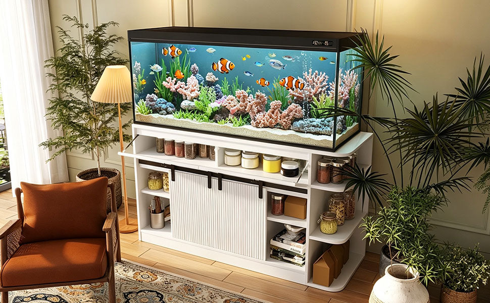 75 Gallon Fish Tank Stand with LED Light &Power Outlets, 55-75 Gallon Aquarium Stand with Sliding Fluted Doors, 2 Large Cabinet and Storage Shelves, Cabinet for 2 Fish Tank Accessories Storage,1200 LB