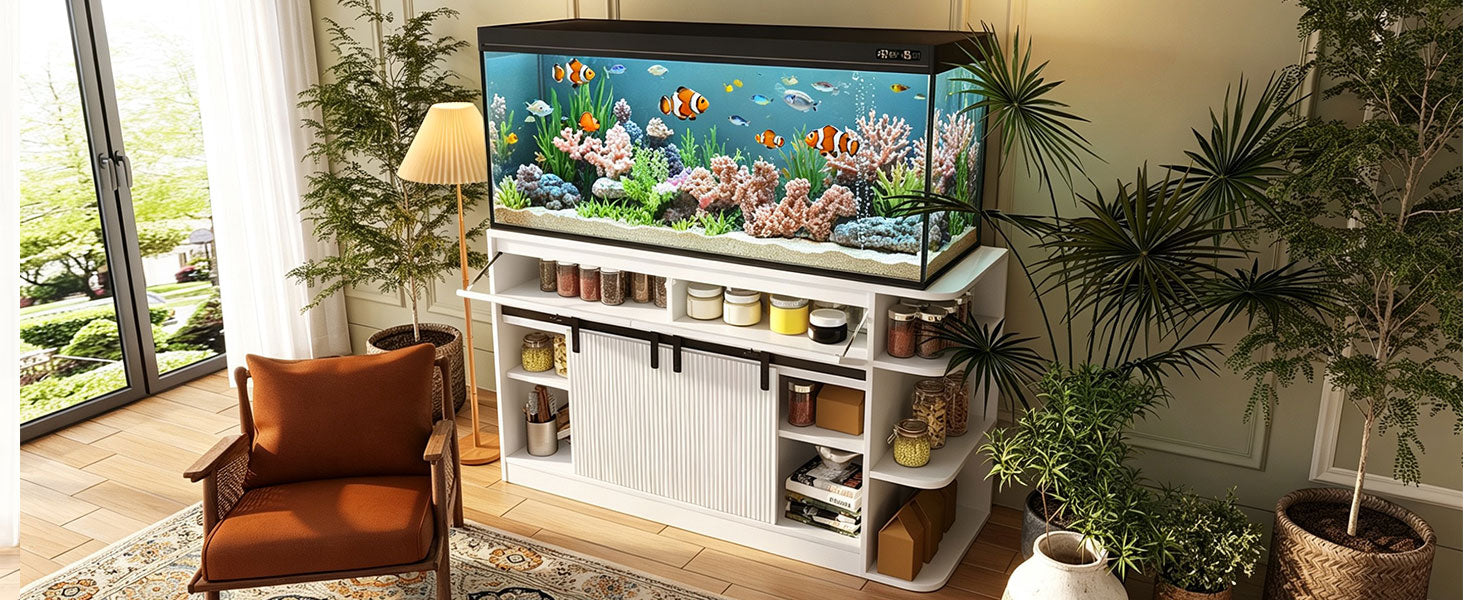 75 Gallon Fish Tank Stand with LED Light &Power Outlets, 55-75 Gallon Aquarium Stand with Sliding Fluted Doors, 2 Large Cabinet and Storage Shelves, Cabinet for 2 Fish Tank Accessories Storage,1200 LB