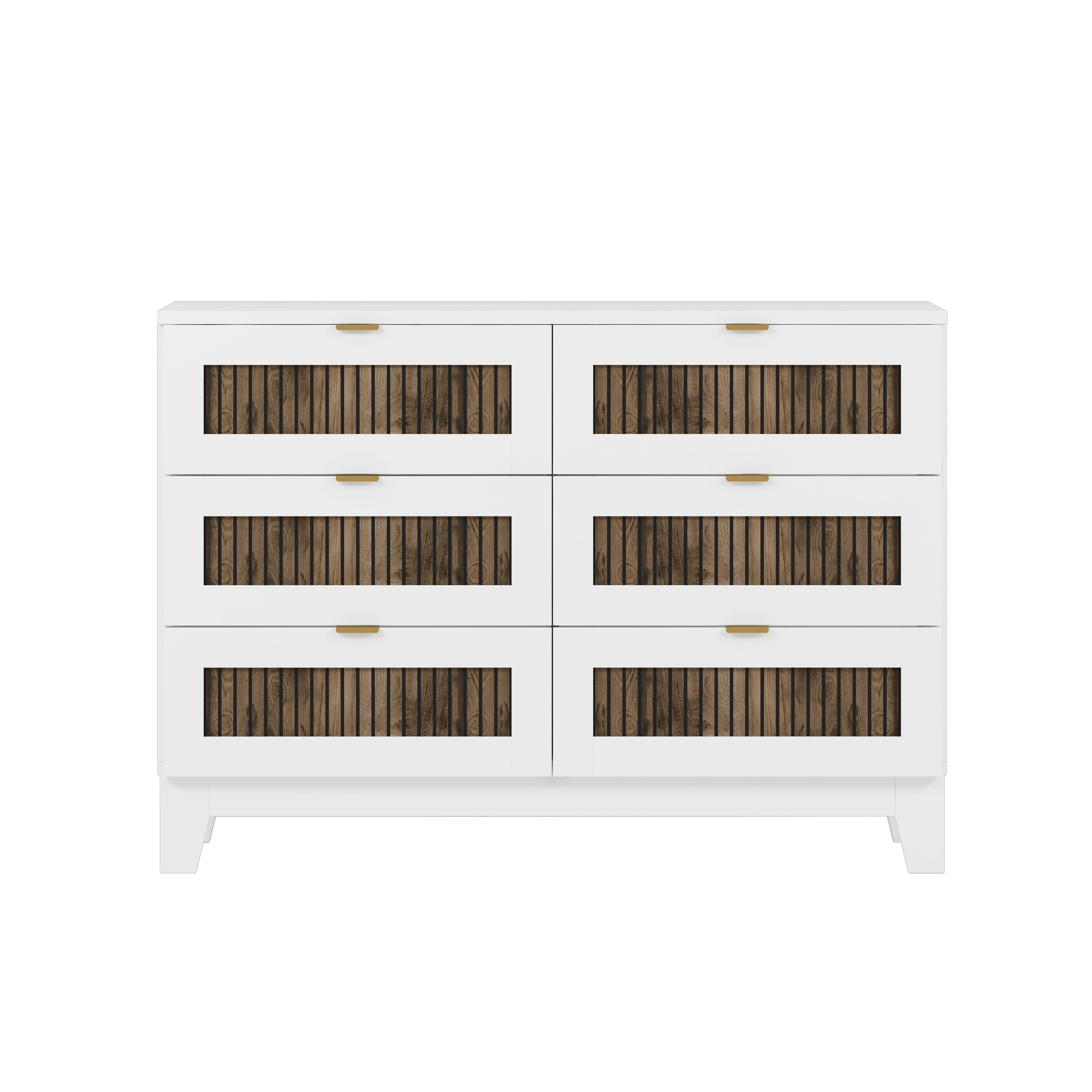 4-Pieces Bedroom Sets, Queen Size Farmhouse Platform Bed with Wooden Strip Stickers Decoration, Storage Nightstand and Dresser with Metal Handle