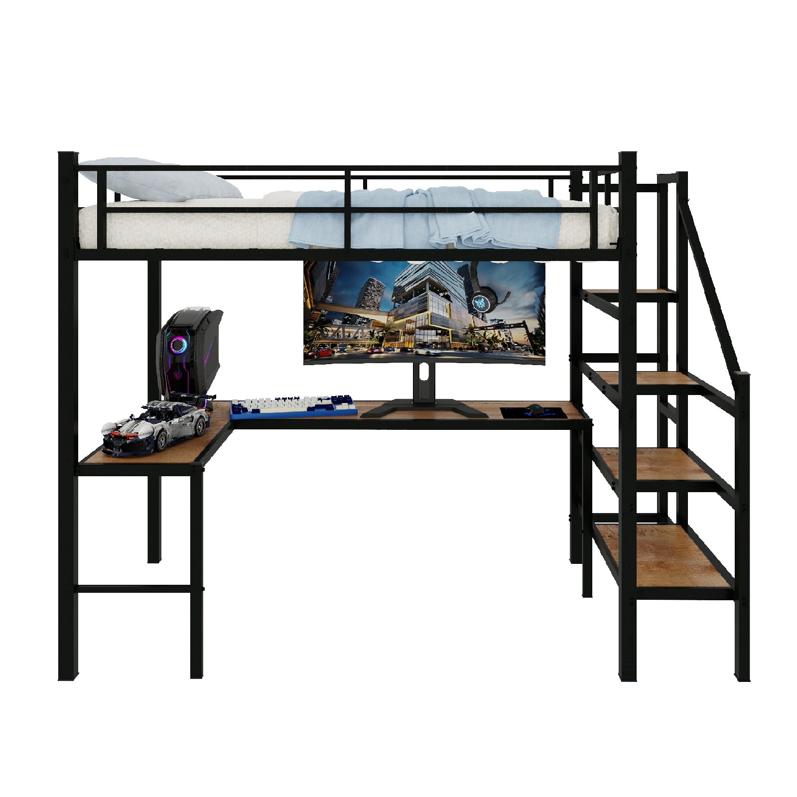 Loft bed with L-shaped desk, large storage space and storage compartments, sturdy bed frame with stairs, continuous belt railing, space-saving, noiseless, no elephant springs required