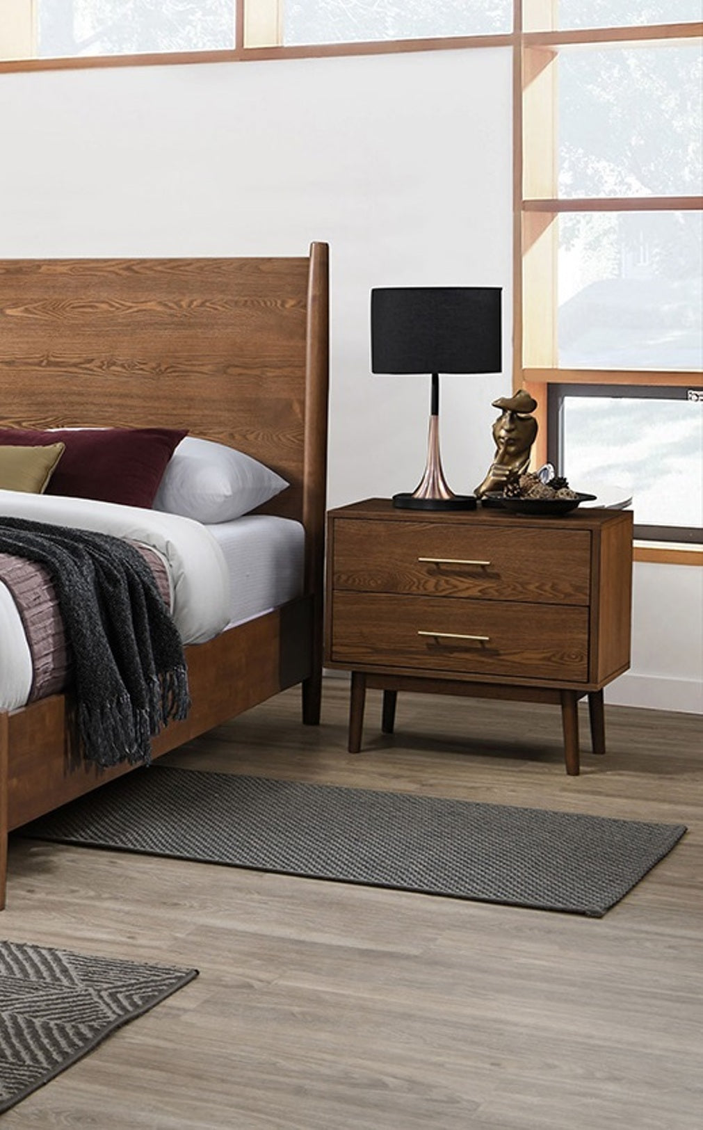 Walnut Color 3pc Bedroom Set Eastern King Size Bed 2x Nightstands Beige Upholstered Fabric Panel HB Mid-Century Modern Style