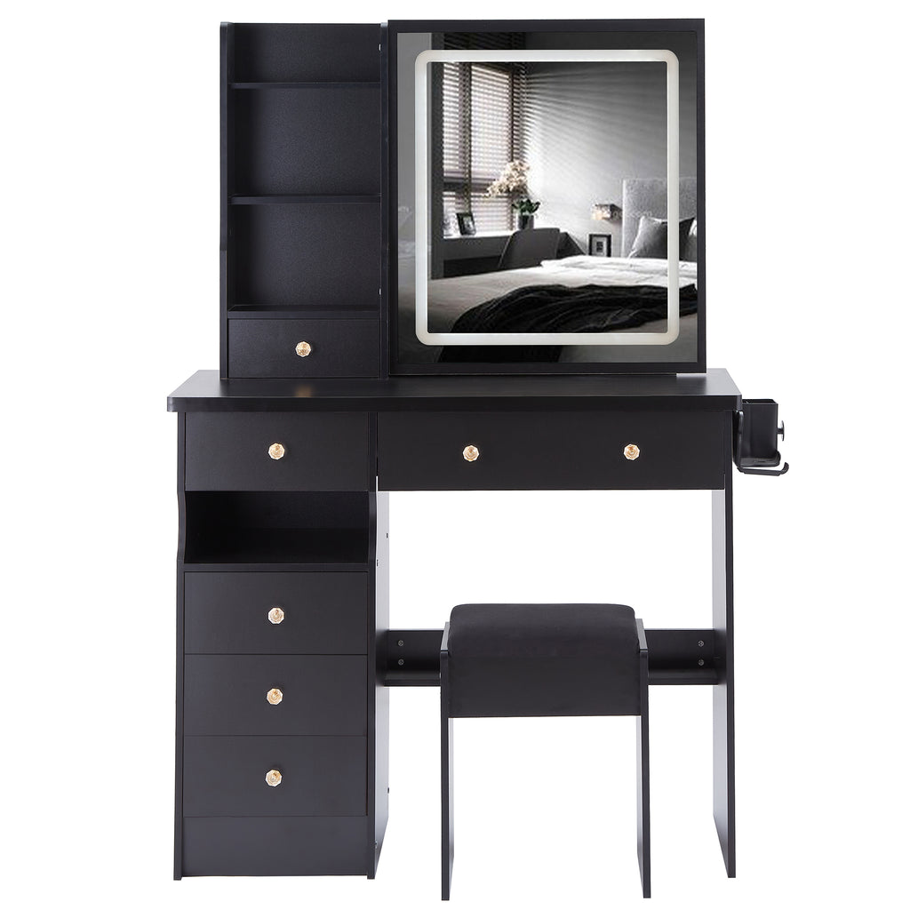 37" Left Drawer Desktop Vanity Table + Cushioned Stool, 2 AC+2 USB Socket, Hair Dryer Stand, Large Touch Control LED Sliding Mirror, 3-color Switch Makeup Dressing Set, EPA, GCC, UL Certificate