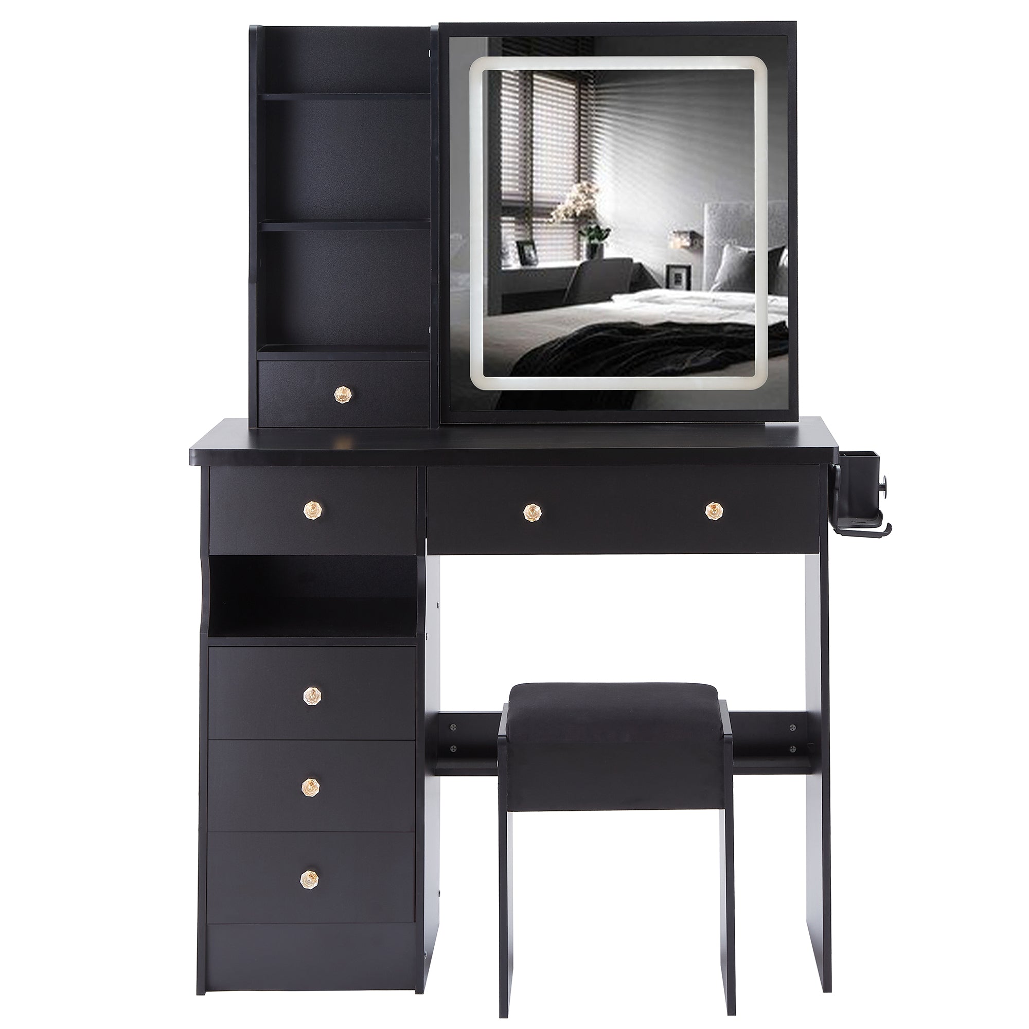 37" Left Drawer Desktop Vanity Table + Cushioned Stool, 2 AC+2 USB Socket, Hair Dryer Stand, Large Touch Control LED Sliding Mirror, 3-color Switch Makeup Dressing Set, EPA, GCC, UL Certificate
