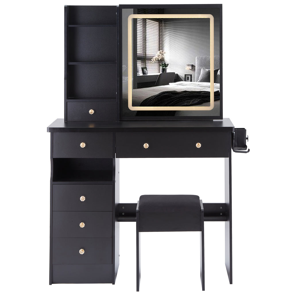 37" Left Drawer Desktop Vanity Table + Cushioned Stool, 2 AC+2 USB Socket, Hair Dryer Stand, Large Touch Control LED Sliding Mirror, 3-color Switch Makeup Dressing Set, EPA, GCC, UL Certificate