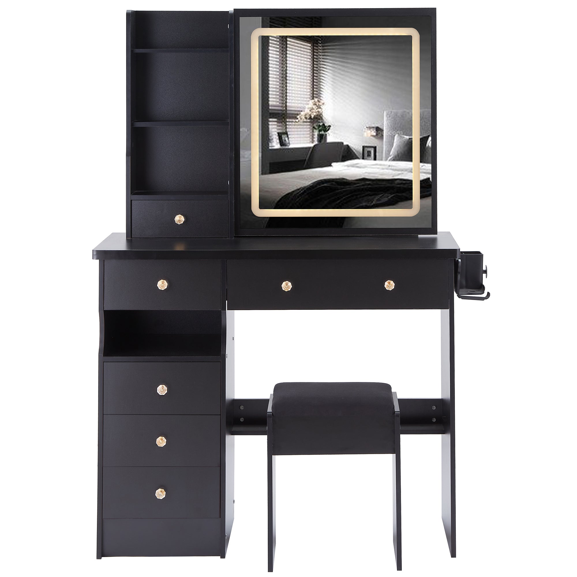 37" Left Drawer Desktop Vanity Table + Cushioned Stool, 2 AC+2 USB Socket, Hair Dryer Stand, Large Touch Control LED Sliding Mirror, 3-color Switch Makeup Dressing Set, EPA, GCC, UL Certificate