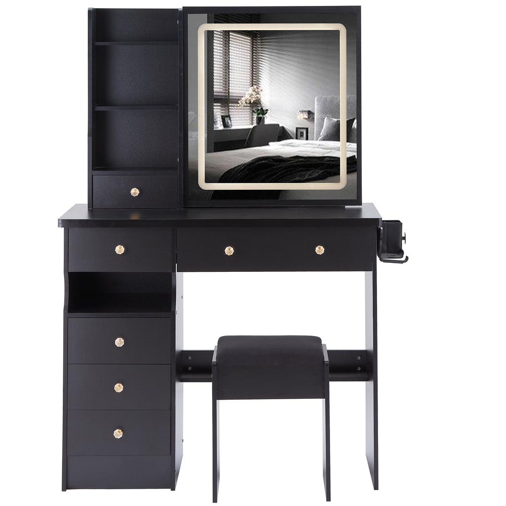 37" Left Drawer Desktop Vanity Table + Cushioned Stool, 2 AC+2 USB Socket, Hair Dryer Stand, Large Touch Control LED Sliding Mirror, 3-color Switch Makeup Dressing Set, EPA, GCC, UL Certificate
