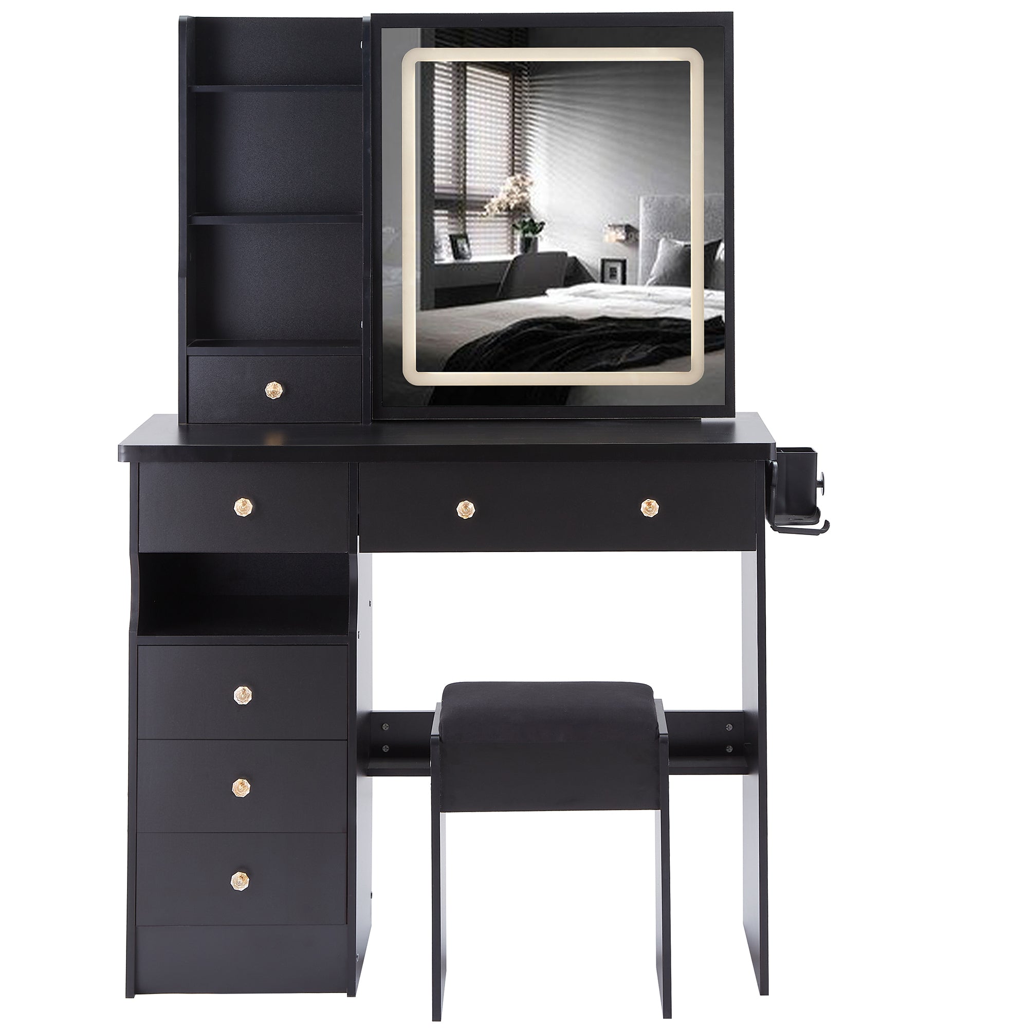 37" Left Drawer Desktop Vanity Table + Cushioned Stool, 2 AC+2 USB Socket, Hair Dryer Stand, Large Touch Control LED Sliding Mirror, 3-color Switch Makeup Dressing Set, EPA, GCC, UL Certificate