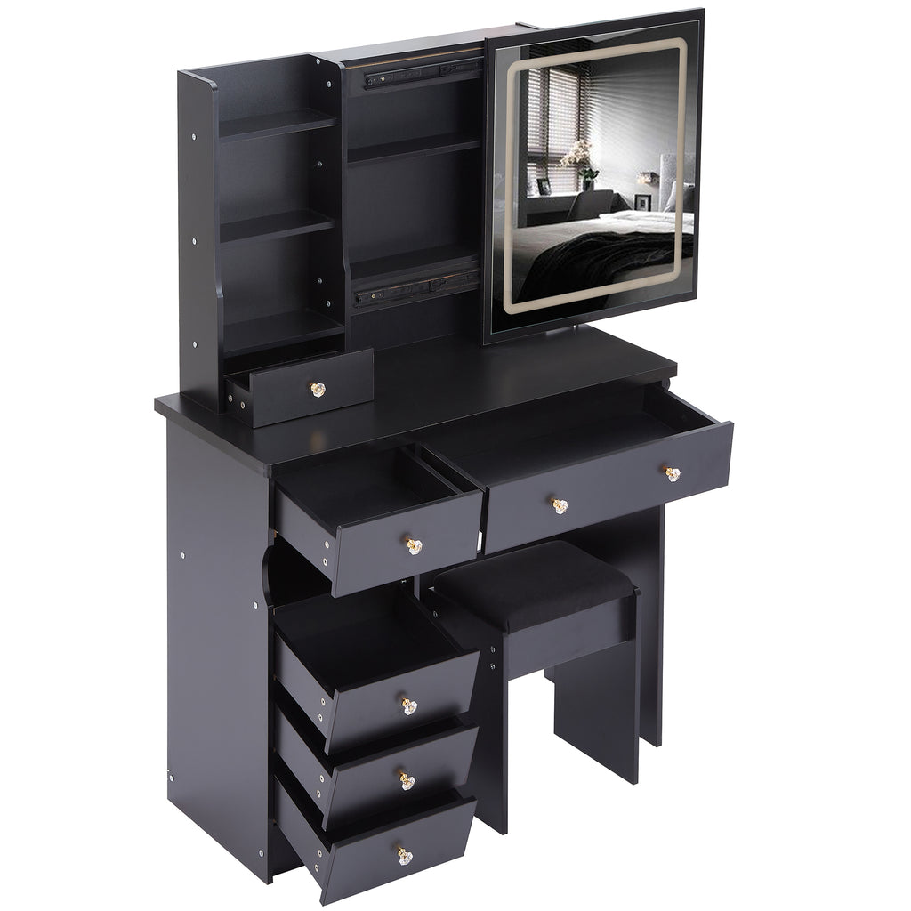 37" Left Drawer Desktop Vanity Table + Cushioned Stool, 2 AC+2 USB Socket, Hair Dryer Stand, Large Touch Control LED Sliding Mirror, 3-color Switch Makeup Dressing Set, EPA, GCC, UL Certificate