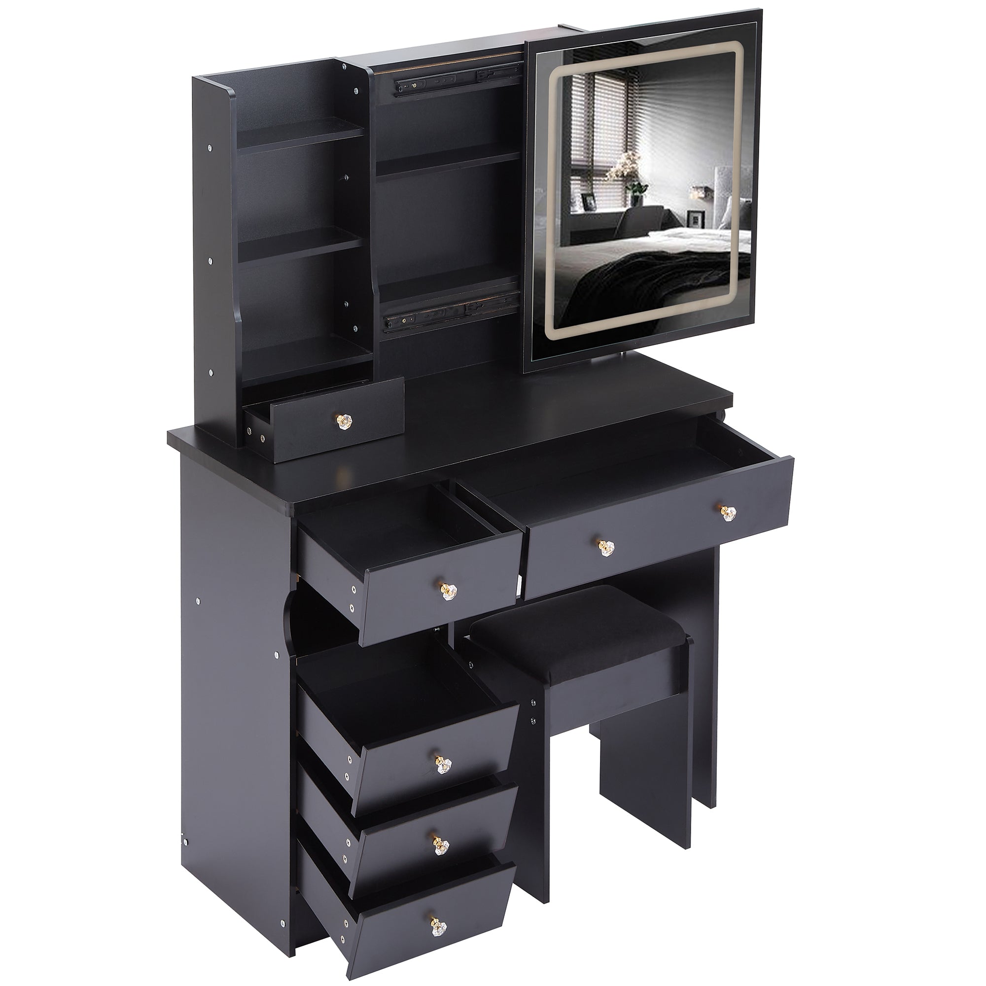 37" Left Drawer Desktop Vanity Table + Cushioned Stool, 2 AC+2 USB Socket, Hair Dryer Stand, Large Touch Control LED Sliding Mirror, 3-color Switch Makeup Dressing Set, EPA, GCC, UL Certificate