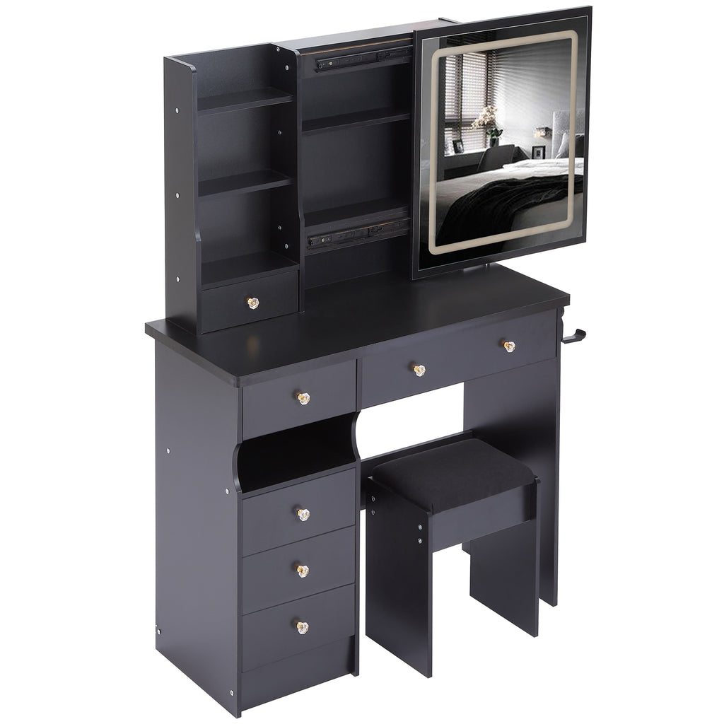 37" Left Drawer Desktop Vanity Table + Cushioned Stool, 2 AC+2 USB Socket, Hair Dryer Stand, Large Touch Control LED Sliding Mirror, 3-color Switch Makeup Dressing Set, EPA, GCC, UL Certificate