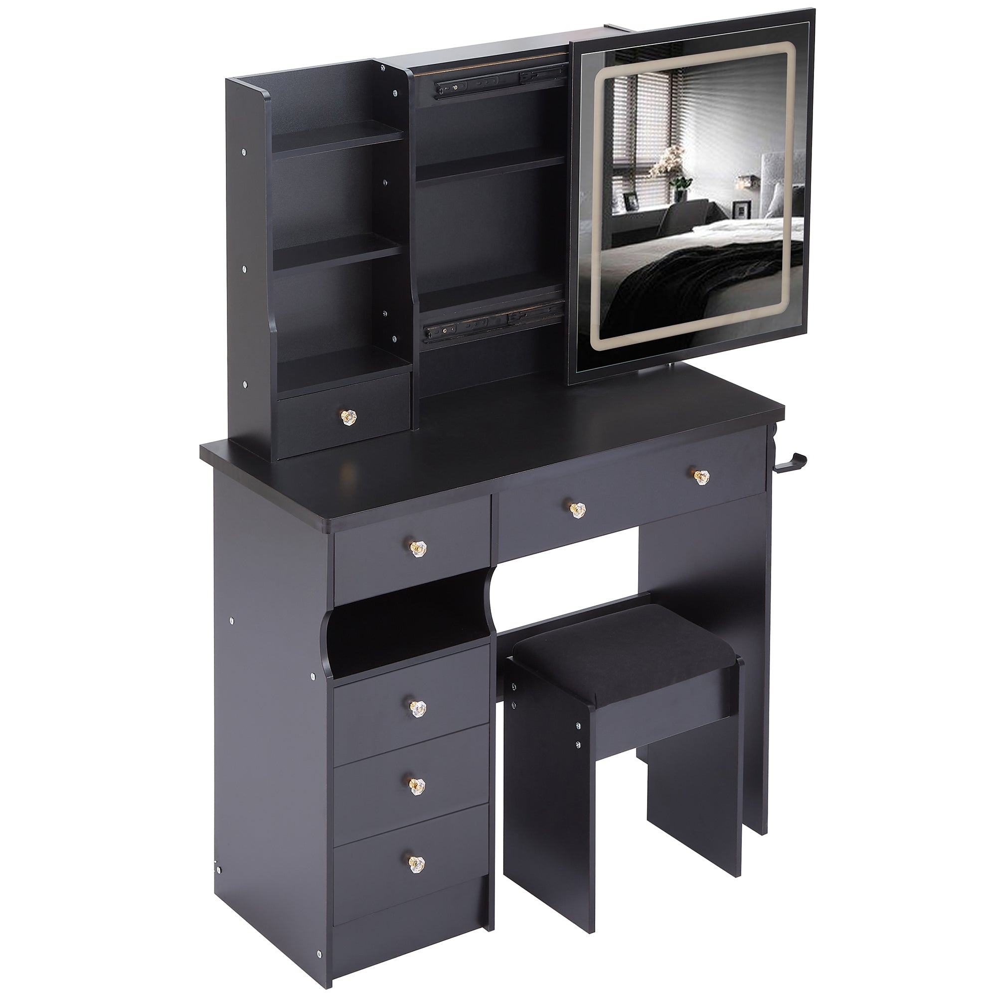 37" Left Drawer Desktop Vanity Table + Cushioned Stool, 2 AC+2 USB Socket, Hair Dryer Stand, Large Touch Control LED Sliding Mirror, 3-color Switch Makeup Dressing Set, EPA, GCC, UL Certificate