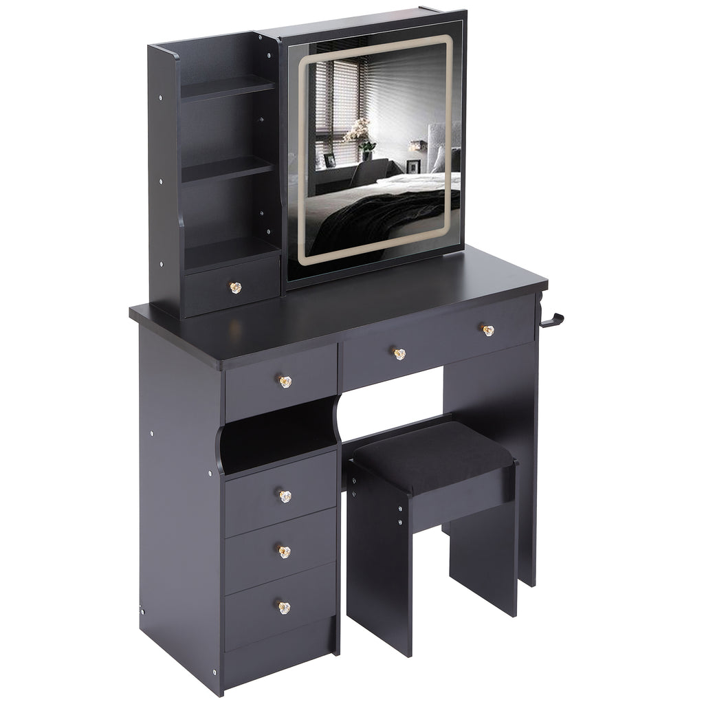 37" Left Drawer Desktop Vanity Table + Cushioned Stool, 2 AC+2 USB Socket, Hair Dryer Stand, Large Touch Control LED Sliding Mirror, 3-color Switch Makeup Dressing Set, EPA, GCC, UL Certificate