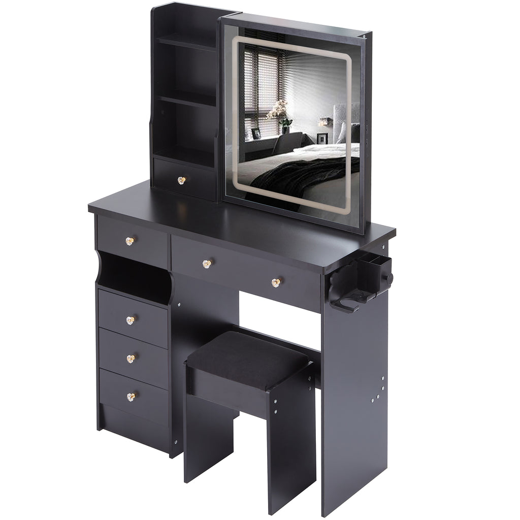 37" Left Drawer Desktop Vanity Table + Cushioned Stool, 2 AC+2 USB Socket, Hair Dryer Stand, Large Touch Control LED Sliding Mirror, 3-color Switch Makeup Dressing Set, EPA, GCC, UL Certificate