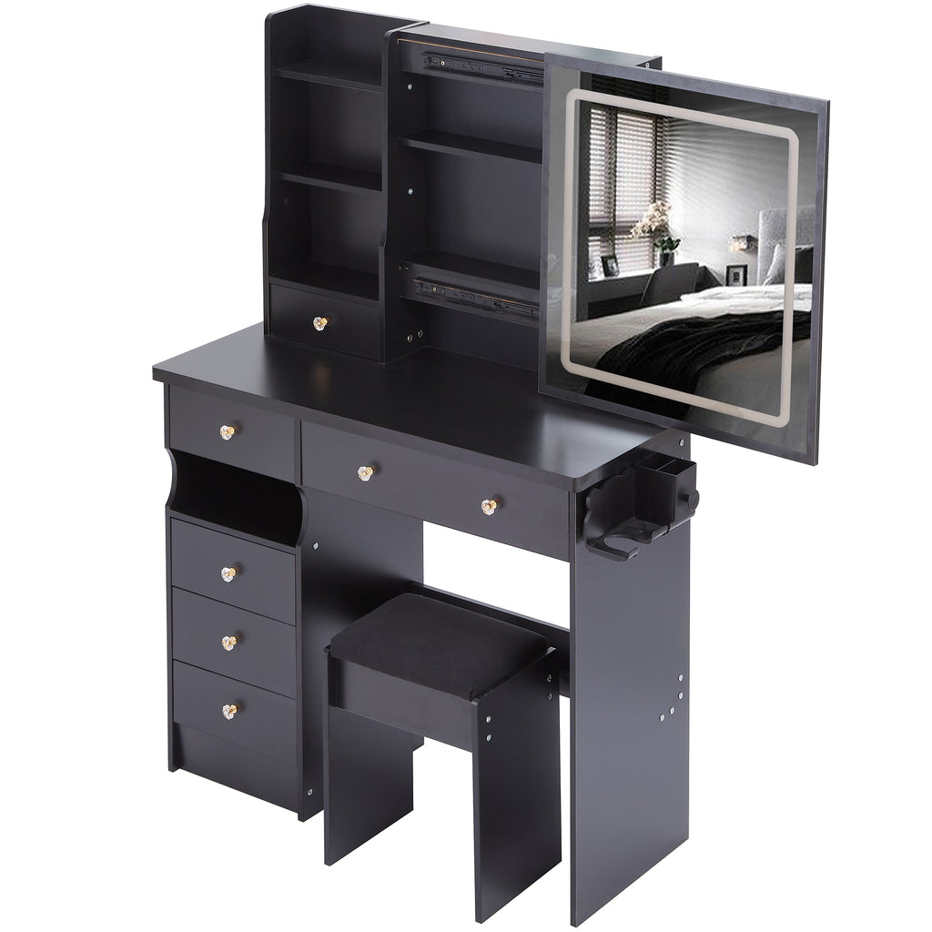 37" Left Drawer Desktop Vanity Table + Cushioned Stool, 2 AC+2 USB Socket, Hair Dryer Stand, Large Touch Control LED Sliding Mirror, 3-color Switch Makeup Dressing Set, EPA, GCC, UL Certificate