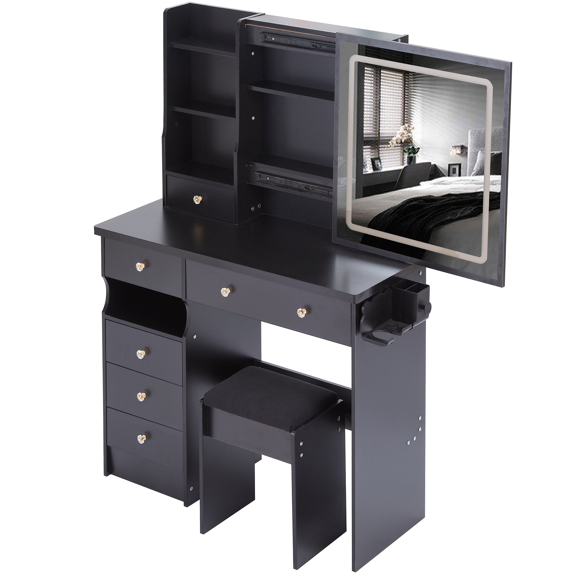 37" Left Drawer Desktop Vanity Table + Cushioned Stool, 2 AC+2 USB Socket, Hair Dryer Stand, Large Touch Control LED Sliding Mirror, 3-color Switch Makeup Dressing Set, EPA, GCC, UL Certificate