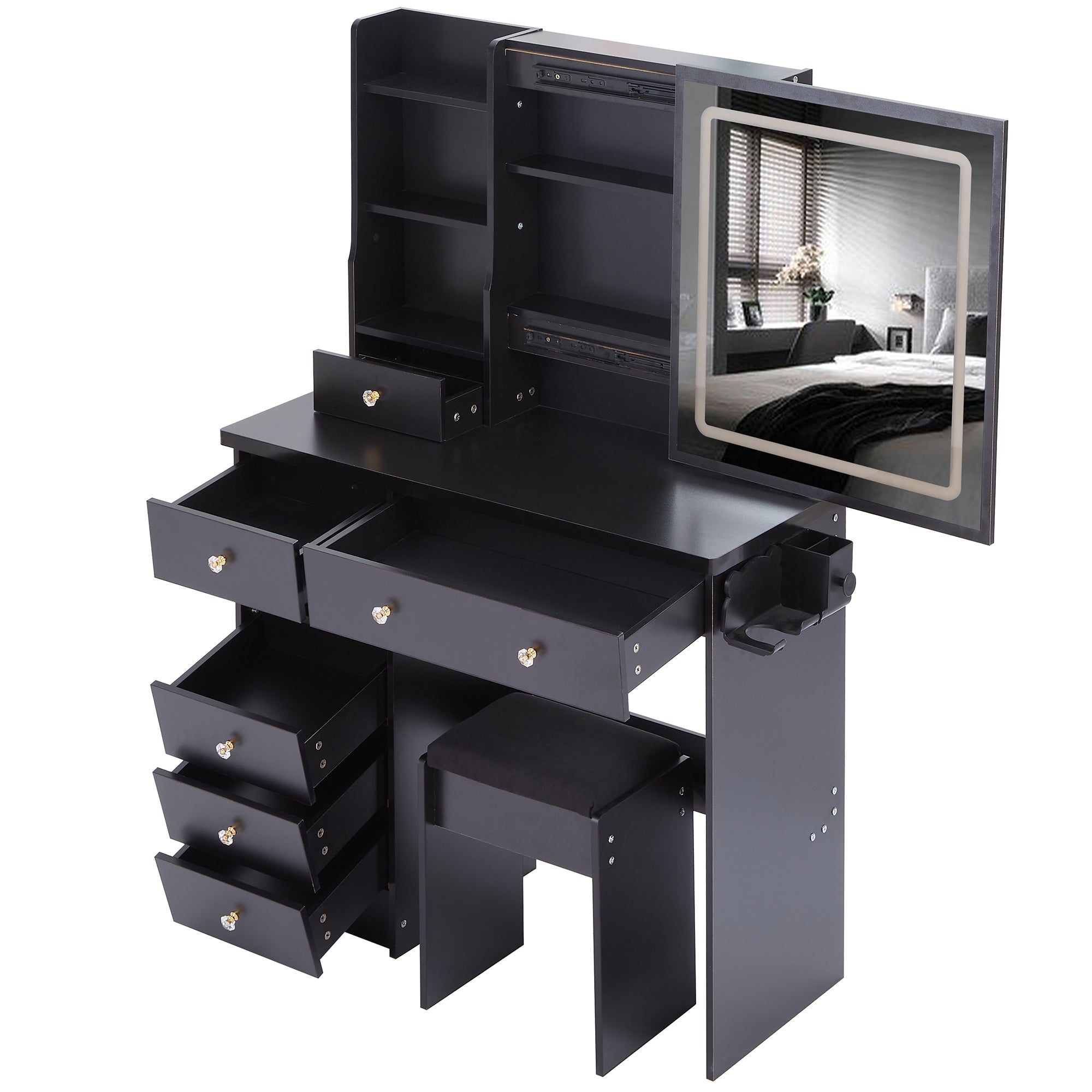 37" Left Drawer Desktop Vanity Table + Cushioned Stool, 2 AC+2 USB Socket, Hair Dryer Stand, Large Touch Control LED Sliding Mirror, 3-color Switch Makeup Dressing Set, EPA, GCC, UL Certificate